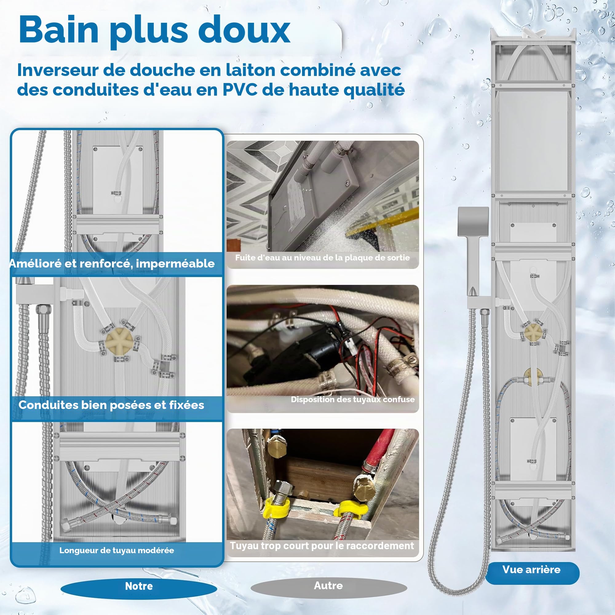 Aufun Panneau de douche en acier inoxydable avec étagère et robinet, colonne de douche 5 fonctions, pluie et brouillard, 4 jets de massage grand angle réglables, douchette et bec de baignoire cascade