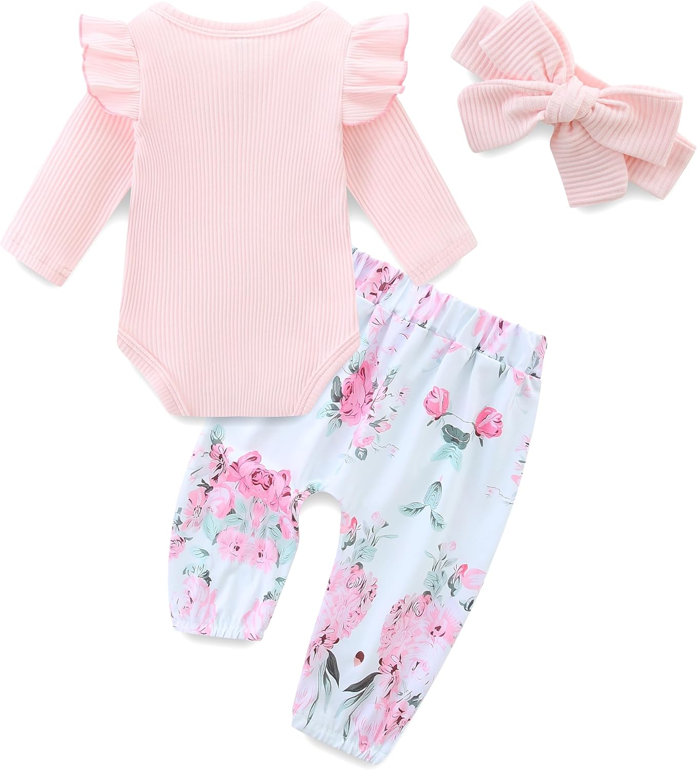 Infant Girl Clothes Long Sleeve Ruffle Bodysuit Floral Pants Bow Headband Sets Fall Winter Spring Outfits - Image 2