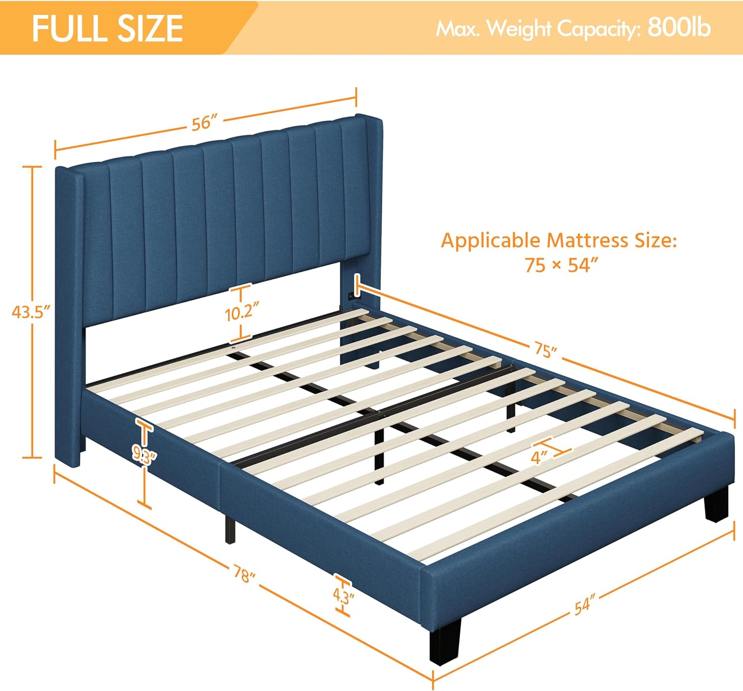 Yaheetech Full Bed Frame Upholstered Platform Bed with Fabric Headboard, Wing Edge Design/Non-Slip and Noise-Free/Wooden Slats Support/No Box Spring Needed/Easy Assembly, Navy Blue Full Bed