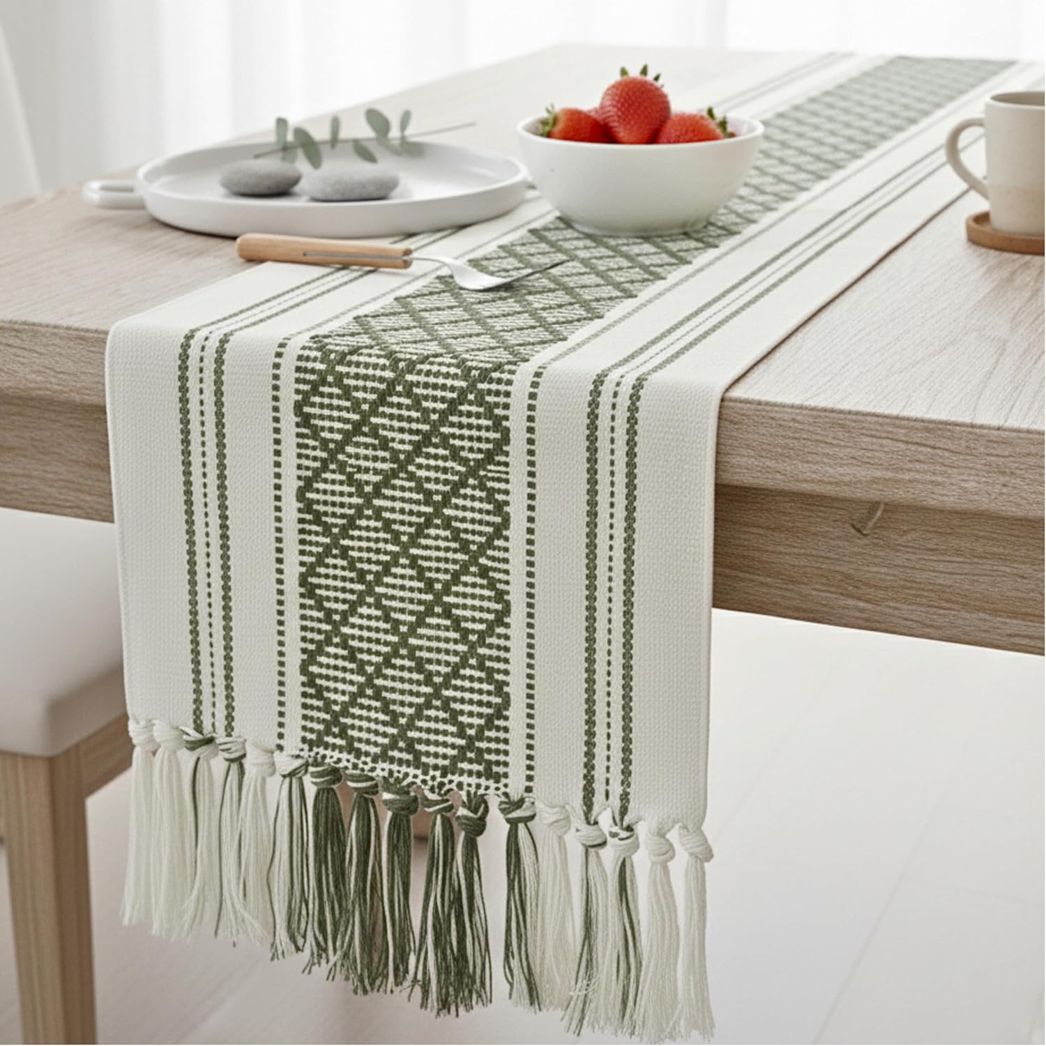 Boho Dining Table Runner with Fringe 14x72 Inches, Olive Green & Cream Checkered Pattern / Woven Washable Dresser Scarf for Bedroom, Farmhouse Console Tabletop Centerpiece Geometric Design Decor
