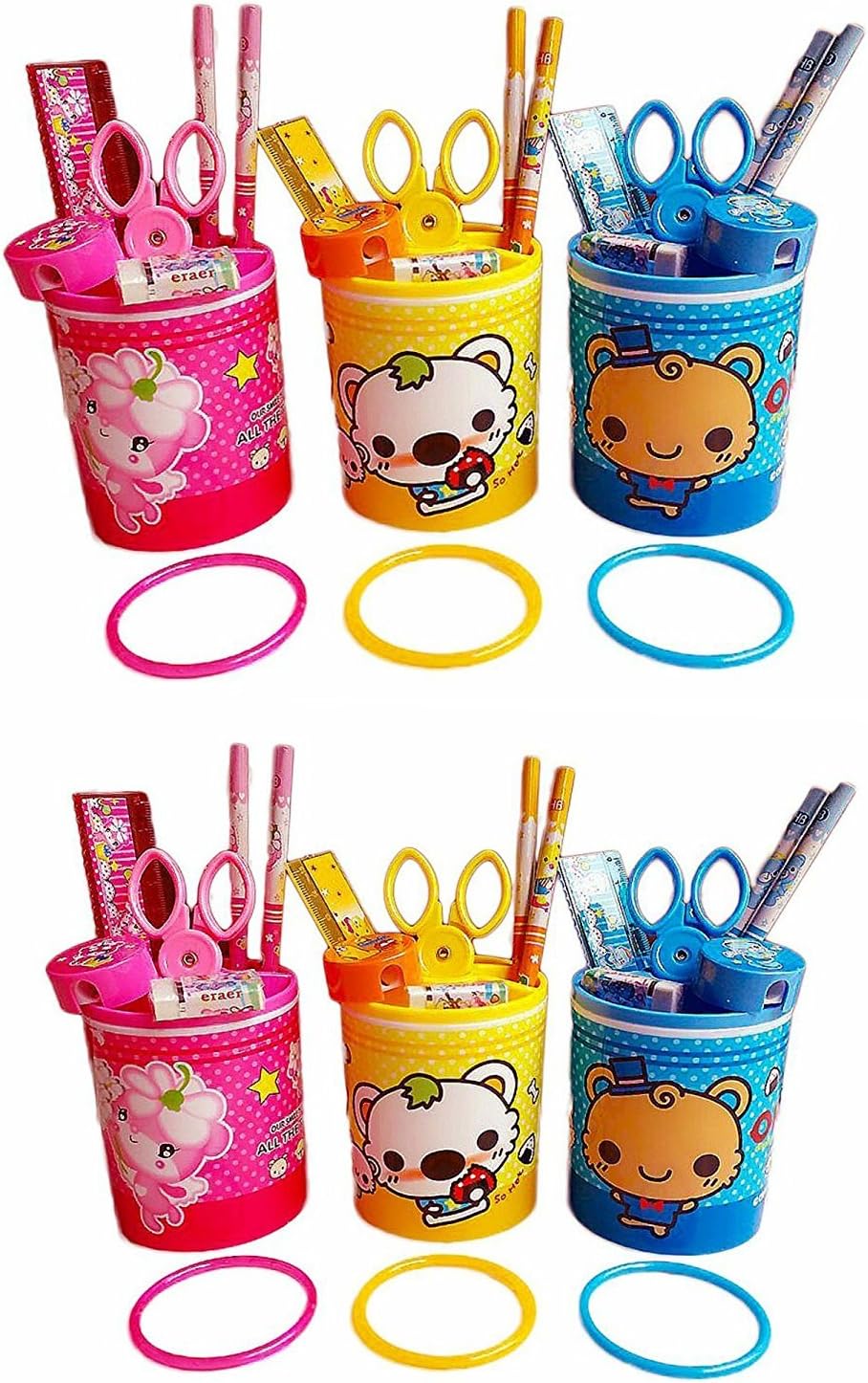 Gifts Online Birthday Party Return Gifts Stationary Set-of 6-One Set Includes Pen Stand,2 Pencils,Rubber,Sharpner,Paper Scissor,Scale