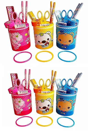 Gifts Online Birthday Party Return Gifts Stationary Set-Of 6-One Set Includes Pen Stand,2 Pencils,Rubber,Sharpner,Paper Scissor,Scale