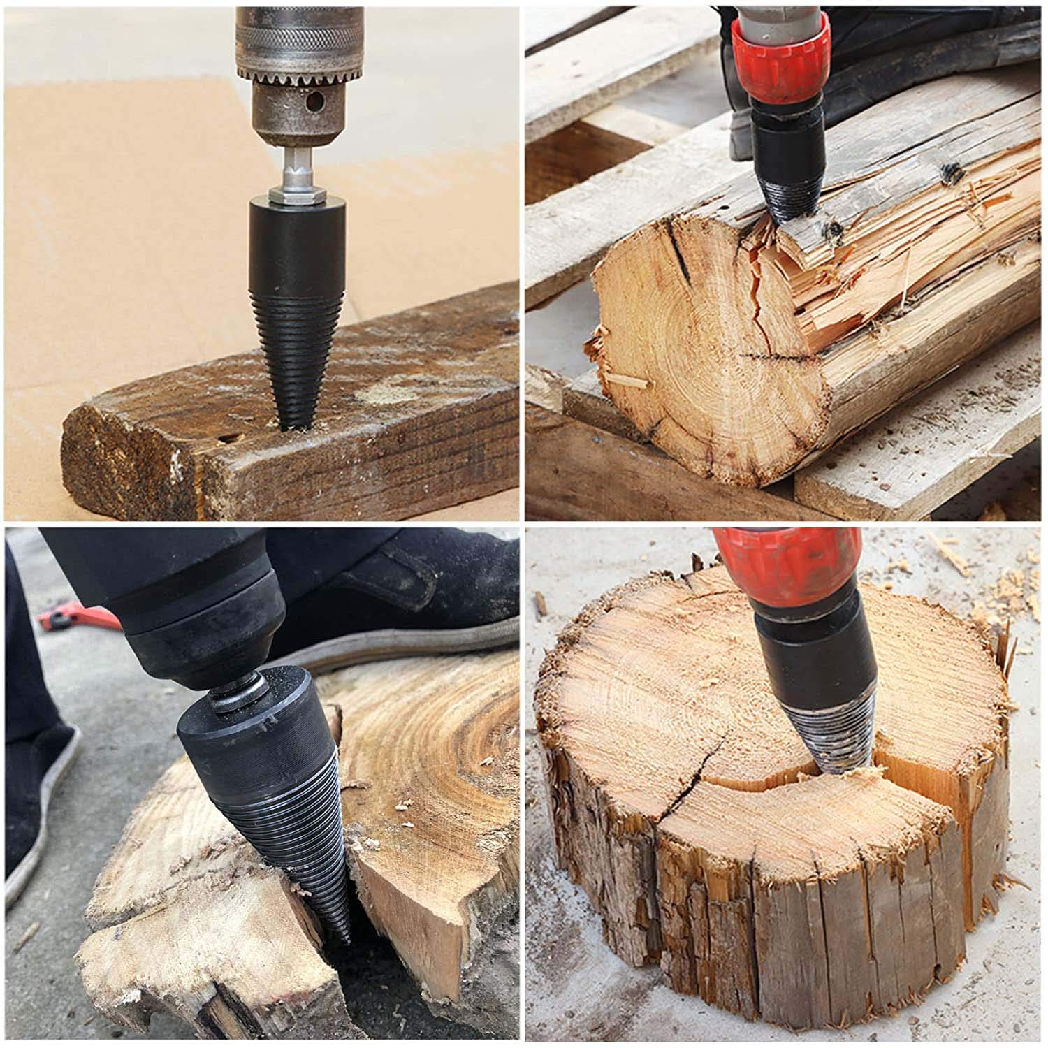 Spaccalegna da 50 mm, Cono per Trapano, Spaccalegna per Legna da Ardere, Spaccalegna in Legno, set di Punte con 3 Diverse Maniglie Trapano (Quadrato/Rotondo/Esagonale))
