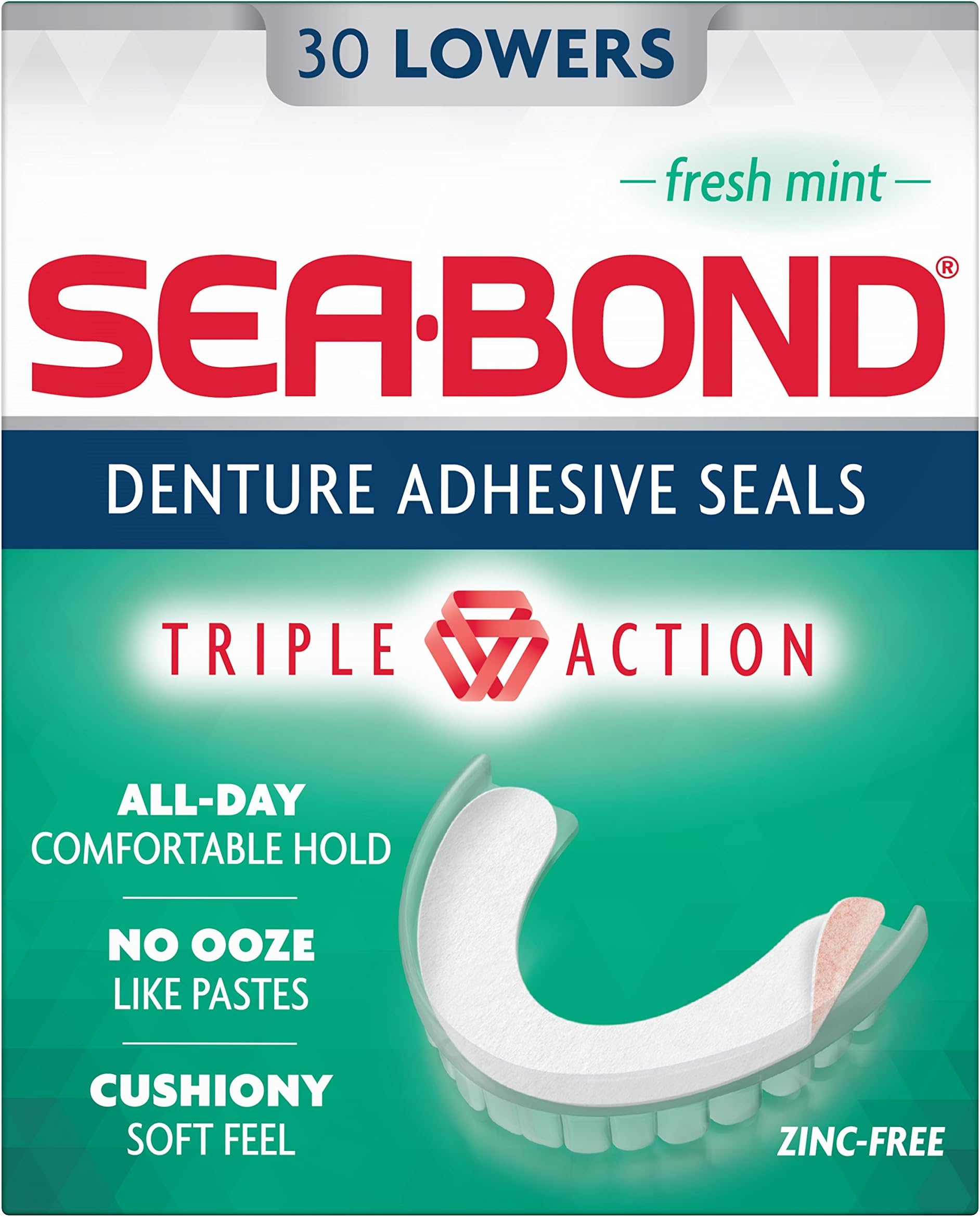 Secure Denture Adhesive Seals, Fresh Mint Lowers, 30 Count