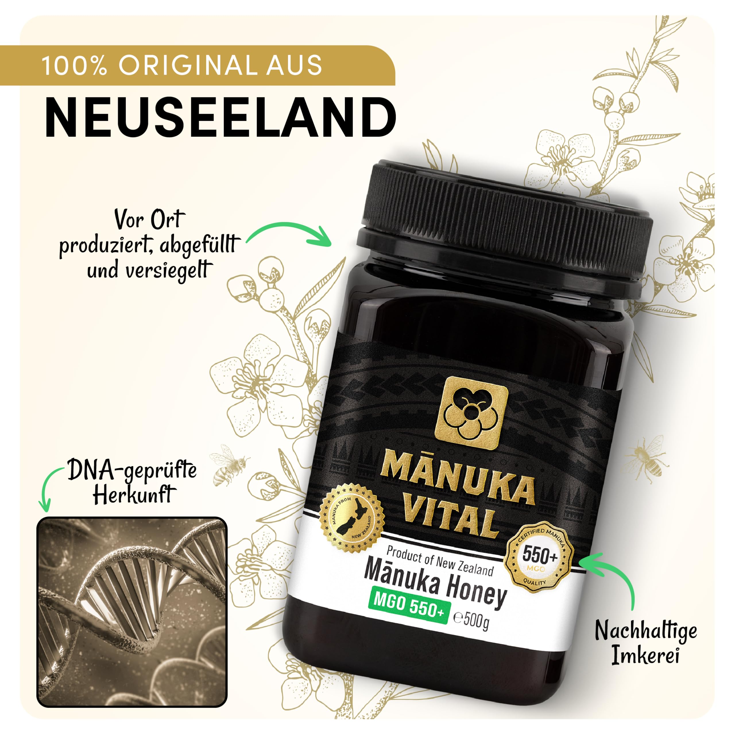 Manuka Vital MGO 550+ (500g) - 100% echter Premium Manukahonig aus Neuseeland mit zertifiziertem Methylglyoxal Gehalt - Manuka Honig mit Analyse-Zertifikat
