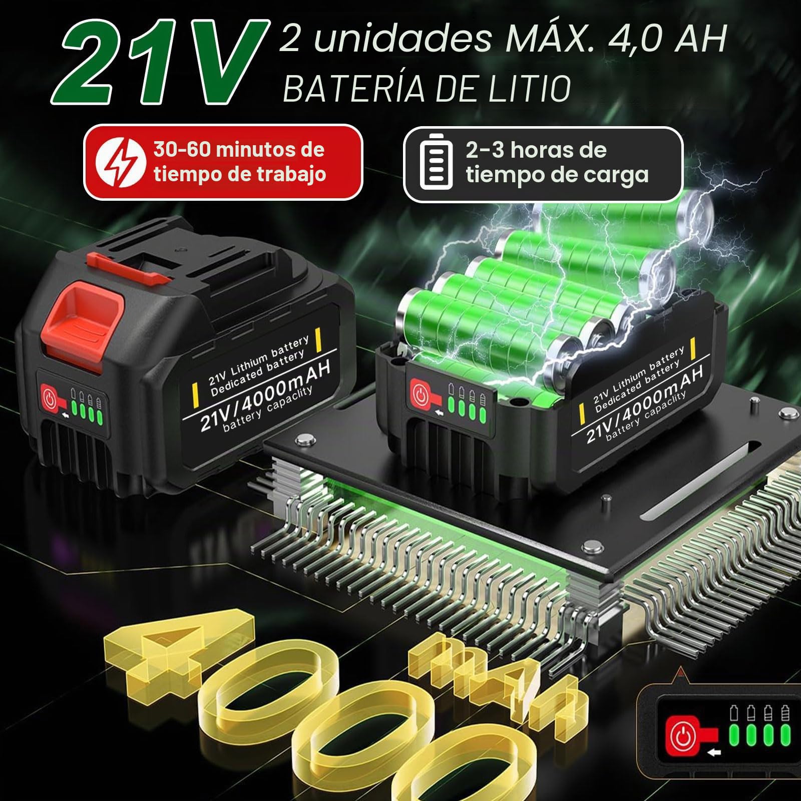 Desbrozadora Bateria 21V Desbrozadora Electrica con 2 4.0Ah Baterías y 4 Cuchillas, Cortabordes Bateria 4 en 1 con Mango Retráctil y Rotación de Cabezal de 90° para Césped Jardín Poda,Green