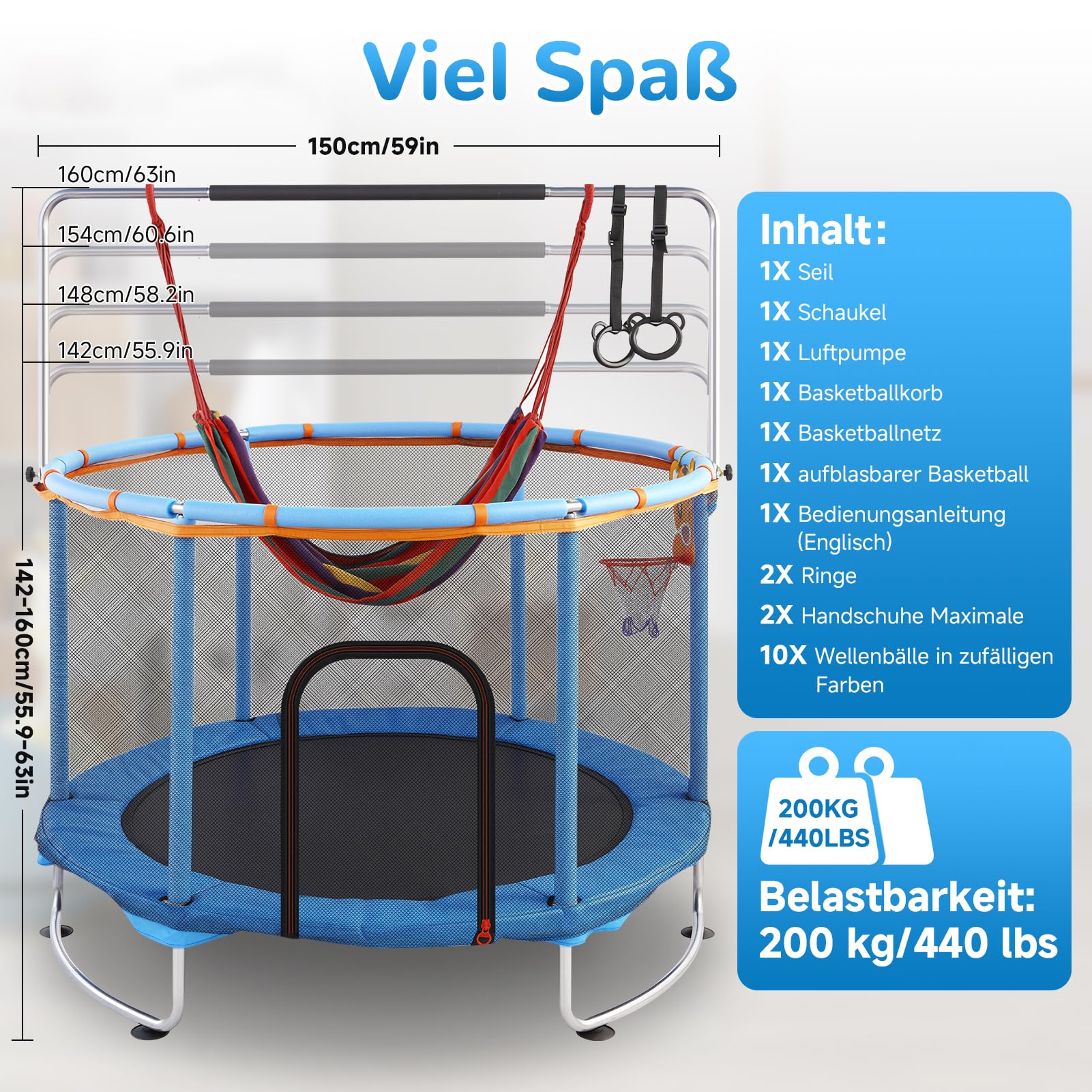 Trampoline pour enfant de 150 cm - Hauteur réglable - Pour l'intérieur et l'extérieur - Avec filet de sécurité et barre de gymnastique - Charge maximale : 200 kg - Avec panier de basket, balançoire et