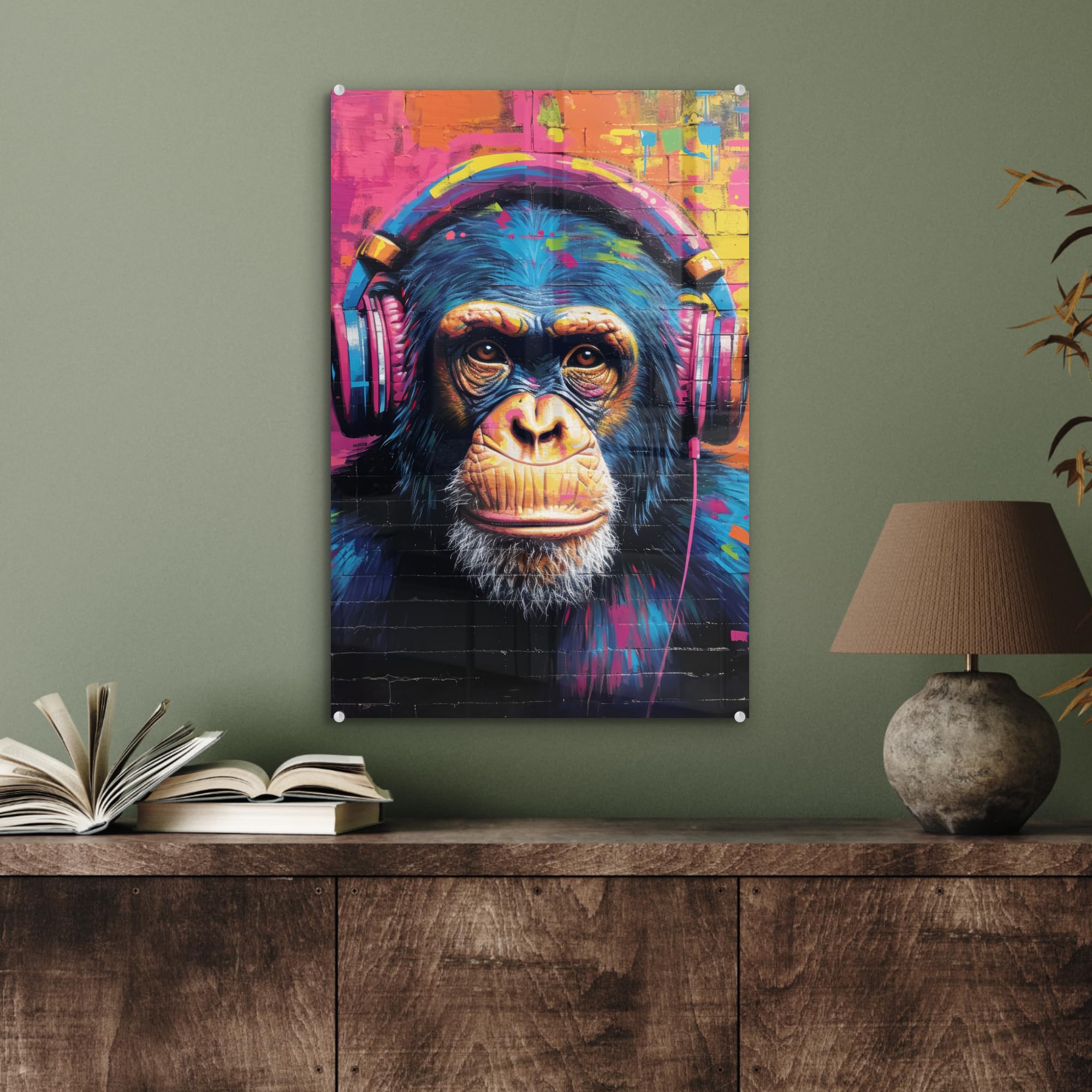 MuchoWow© Tableau en Verre 40x60 cm Décoration Murale Moderne pour Chambre Salle de Bain Salon Idée Cadeau Image Murale Graffiti - Chimpanzé - Art De Rue - Casque - Singe