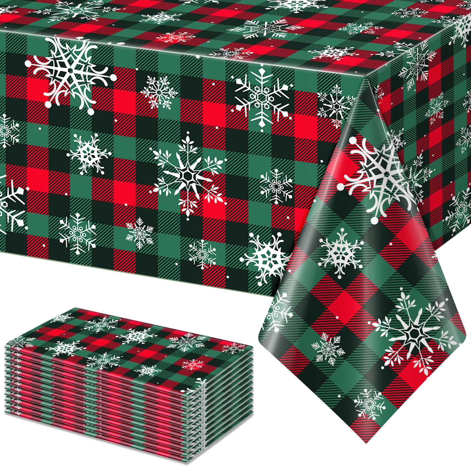 12Pcs Christmas Buffalo Plaid Snowflake Party Tablecloths Decorations,Plastic Red and Green Checkered Rectangle Table Cover for Winter Christmas New Year Birthday Holiday Party Decorations,54x108 inch