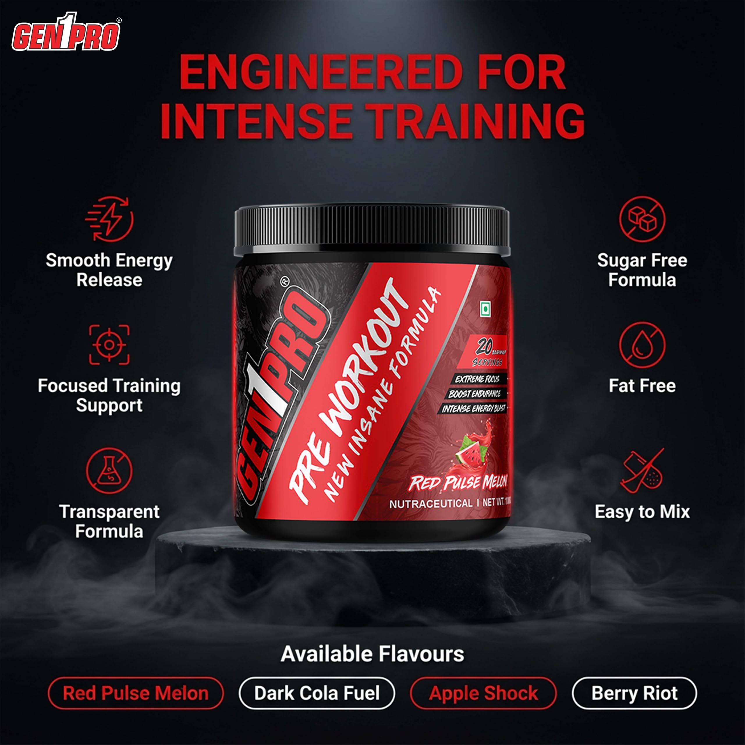 Pre Workout Powder – New Insane Formula for Energy, Focus, Endurance & Muscle Pump | 200mg Caffeine, 3.5g Beta-Alanine, Creatine, Amino Acids & Vitamins | Sugar Free Sports Nutrition Supplement [Red Pulse Melon, 15 Servings, 100g] — Amazon image 2