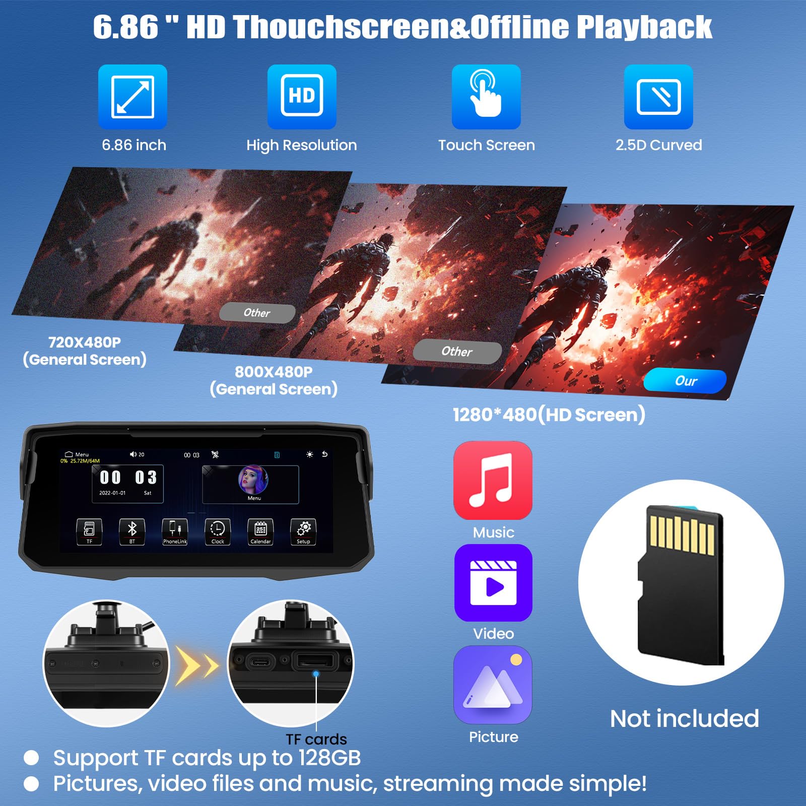 SIXWIN Moto Carplay Schermo, Senza Fili CarPlay e Android Auto,Portatile da 6.68 Pollici Touchscreen Navigazione Moto con Doppio Bluetooth/Airplay/Android Cast/IP67 Impermeabile/Equalizzatore