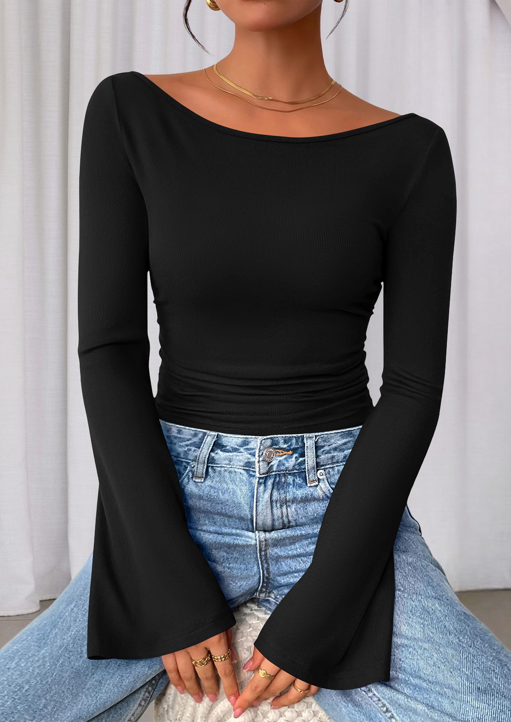 PRETTYGARDEN Women's Long Sleeve Shirts 2025 Fall Crop Going Out Tops Casual Boat Neck Bell Sleeve Ribbed Ruched Y2K Clothes