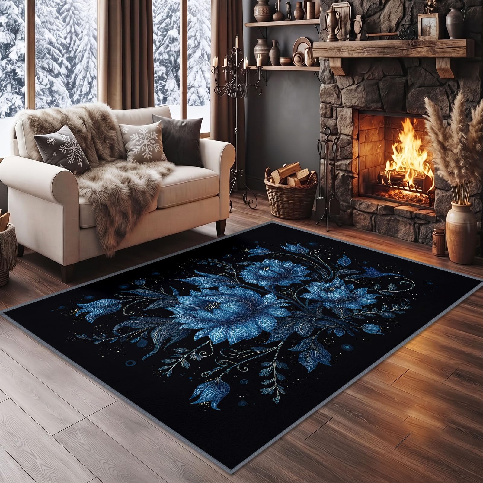 Kurzflor Teppich Wohnzimmer Minimalistisch Floral Blume Flauschig Weiche Anti Rutsch Unterseite Teppiche für Kinderzimmer Schlafzimmer Küche, Pflegeleicht Waschbare Fußmatte, Blau, 180 x 240 cm