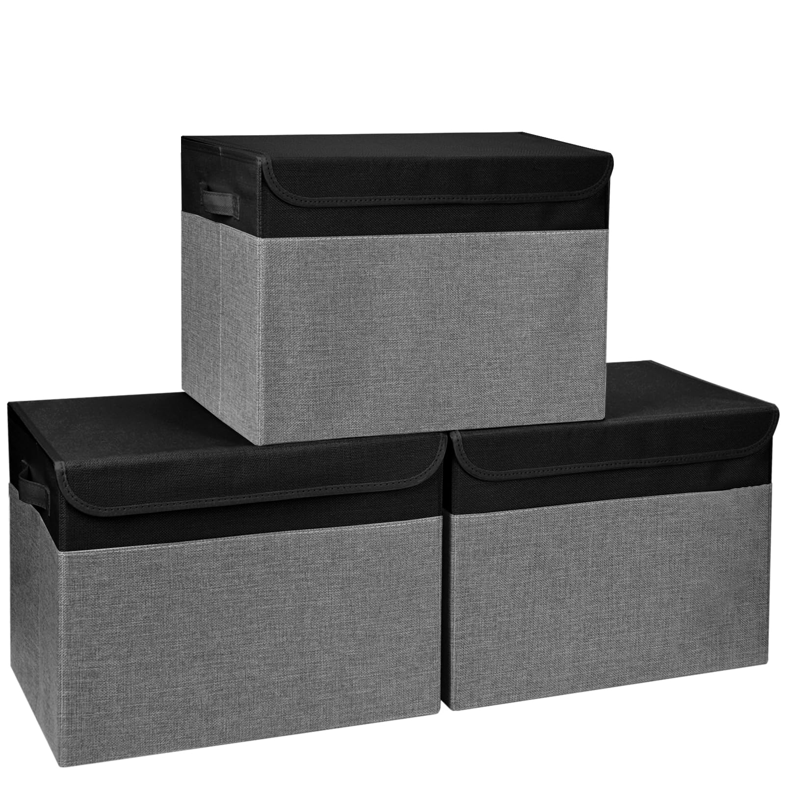 Contenedores de almacenamiento plegables grandes de 17 pulgadas y 42 cuartos de galón con tapas [paquete de 3] cajas de almacenamiento plegables de tela de lino, cestas organizadoras de armario con
