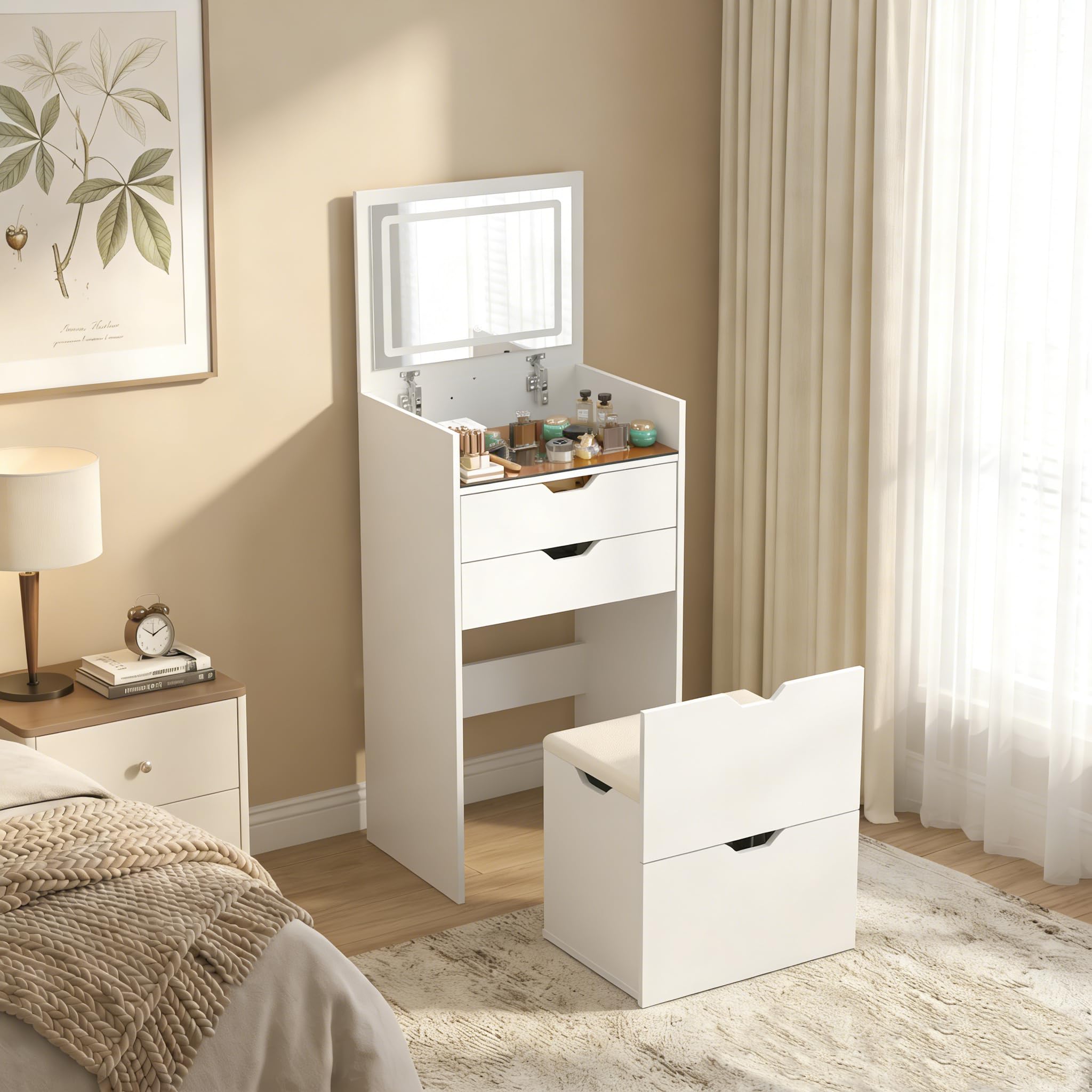 3-in-1 Vanity with Mirror and Lights, Modern Compact Vanity Table with 3 Storage Drawer, Small Makeup Vanity Desk, Dressing Table with Cushioned Stool