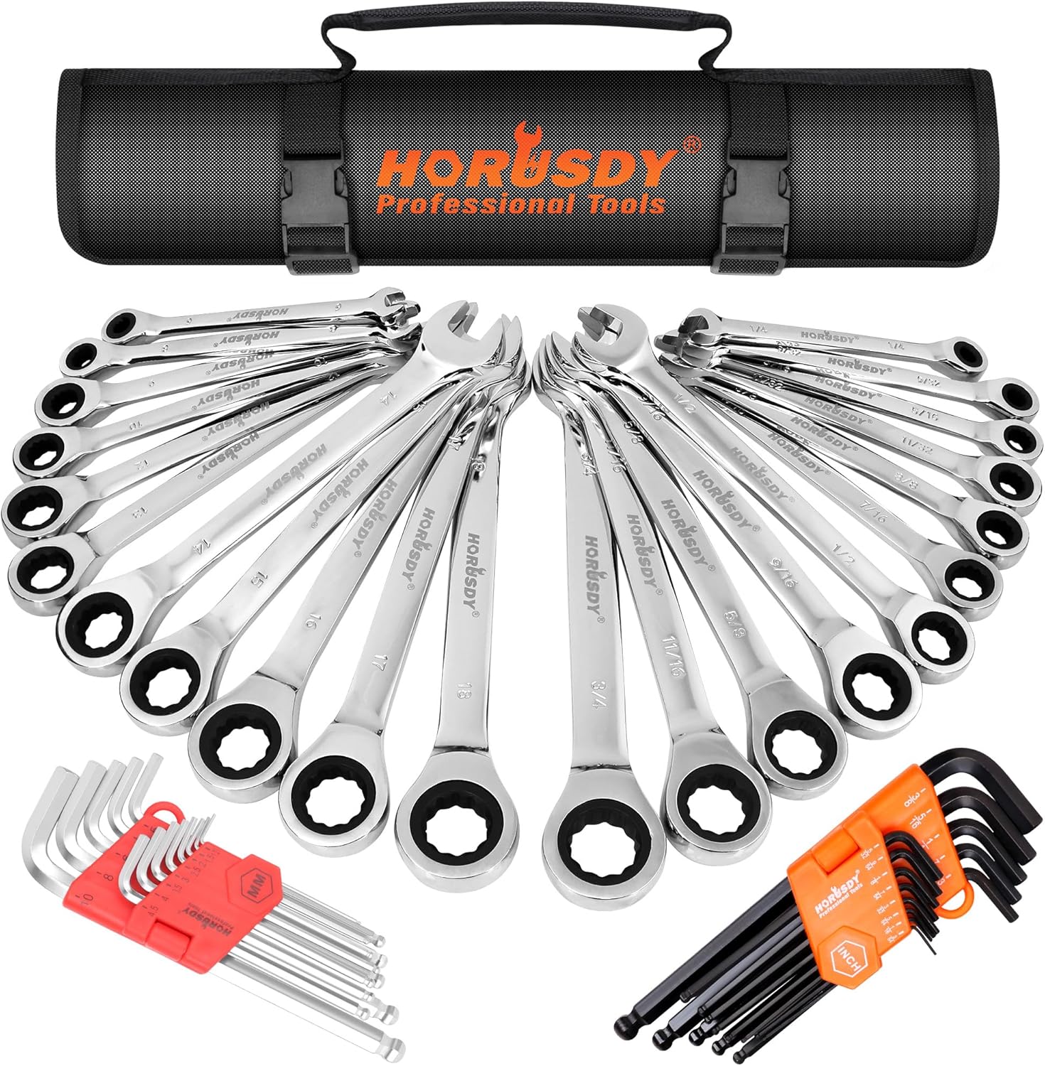 HORUSDY Ratcheting Wrench Set | 48-Piece | Cr-V Steel | 72 Teeth Ratchet Wrench 6-18mm & SAE 1/4-3/4″ | with Roll Up Pouch and Allen Wrench