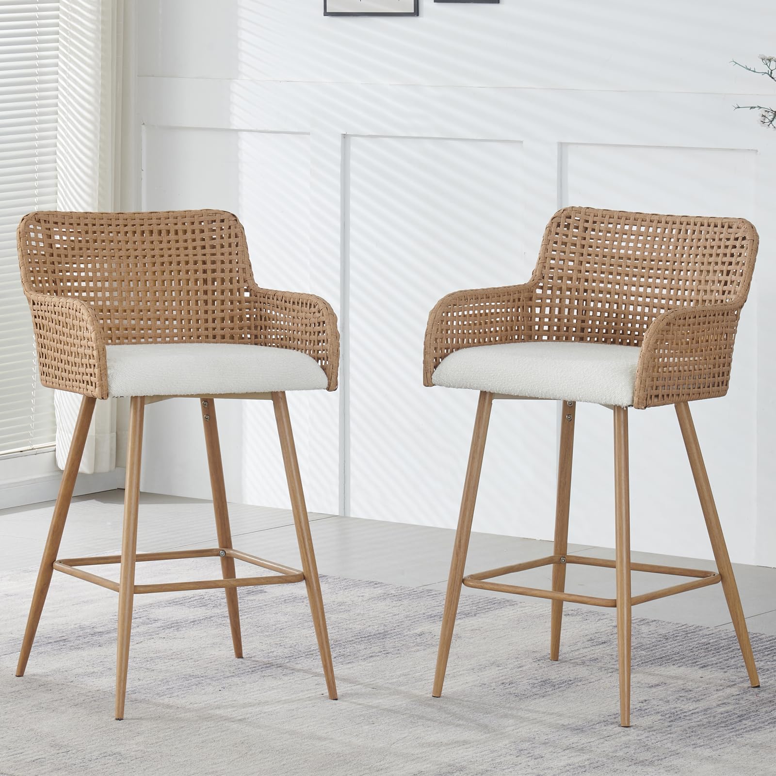 JALOURT Rattan Bar Stools Set of 2,26'' Counter Height Bar Stools with PE Rattan Back and Metal Legs, Uphlostered Boucle Fabric Counter Height Stool