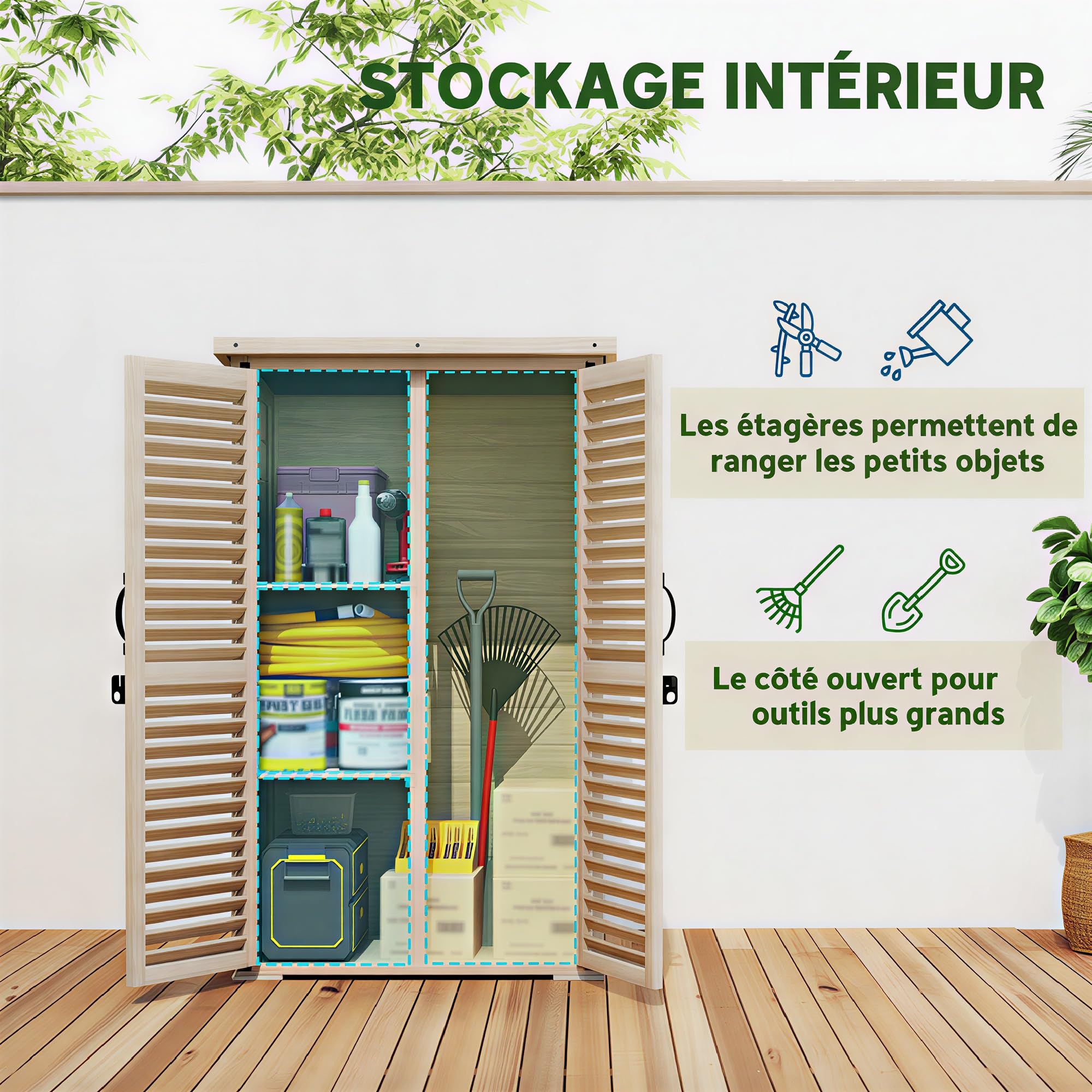 Outsunny Gartenschrank, Schuppen für Werkzeuge aus Holz, 2 Regale, Dach, Bitumendach, abschließbar, 75 x 50 x 118 cm, Natur