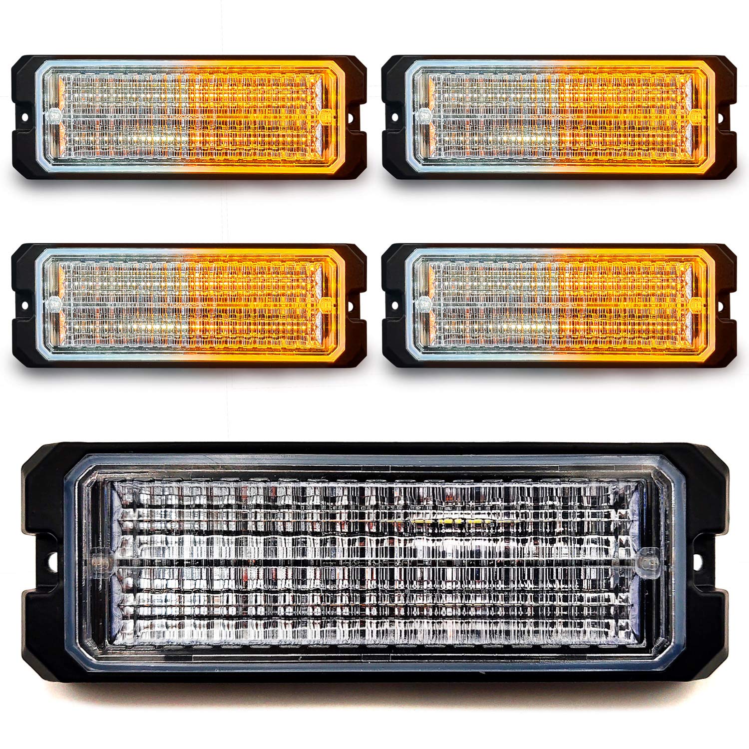 32LED Emergency Strobe Lights, 12-24V Universal 4-Pack Surface Mount Emergency Warning Hazard Flashing Strobe Light Bar for Off Road Vehicle, ATVs, Truck (White Amber, Single IC Control)