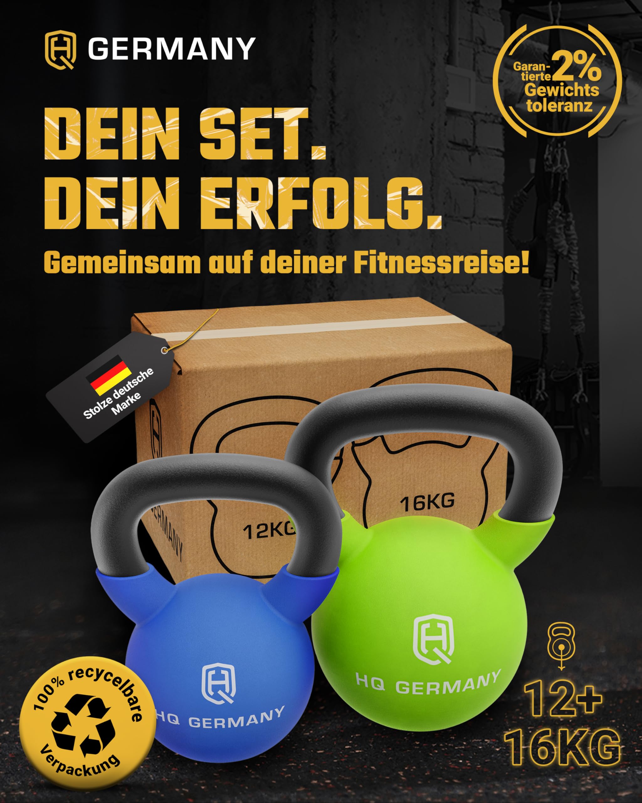 HQ Germany® Kettlebell Neopren [Bodenschutz] - Kugelhantel 2-32kg | Einteiliger Gusskern, pulverbeschichteter Griff, ±2% kalibriert, ergonomisch je Gewicht, Neoprenschicht