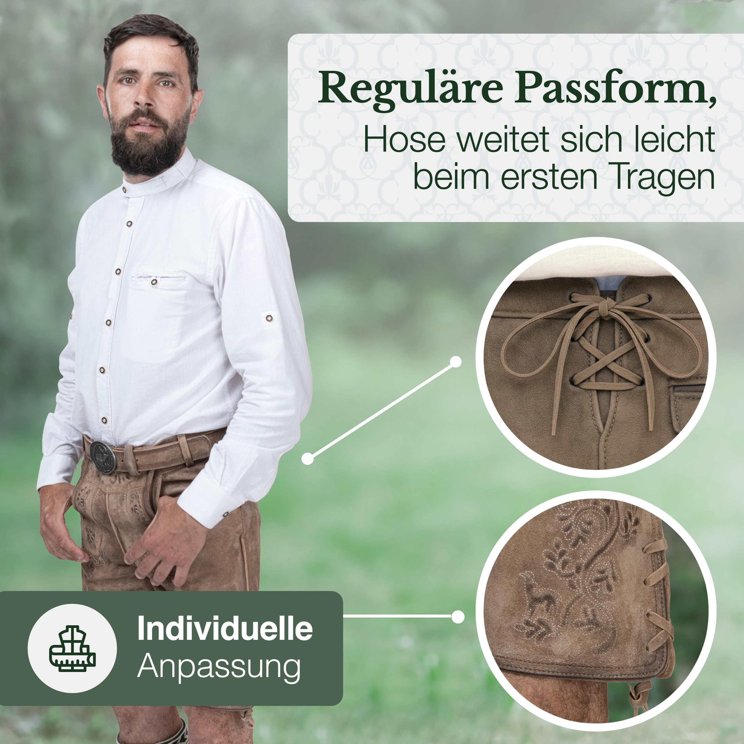 Schöneberger Trachten Couture Herren Lederhose kurz mit Trachtengürtel -Traditionelle Trachtenhose für Oktoberfest aus Original Nubukleder