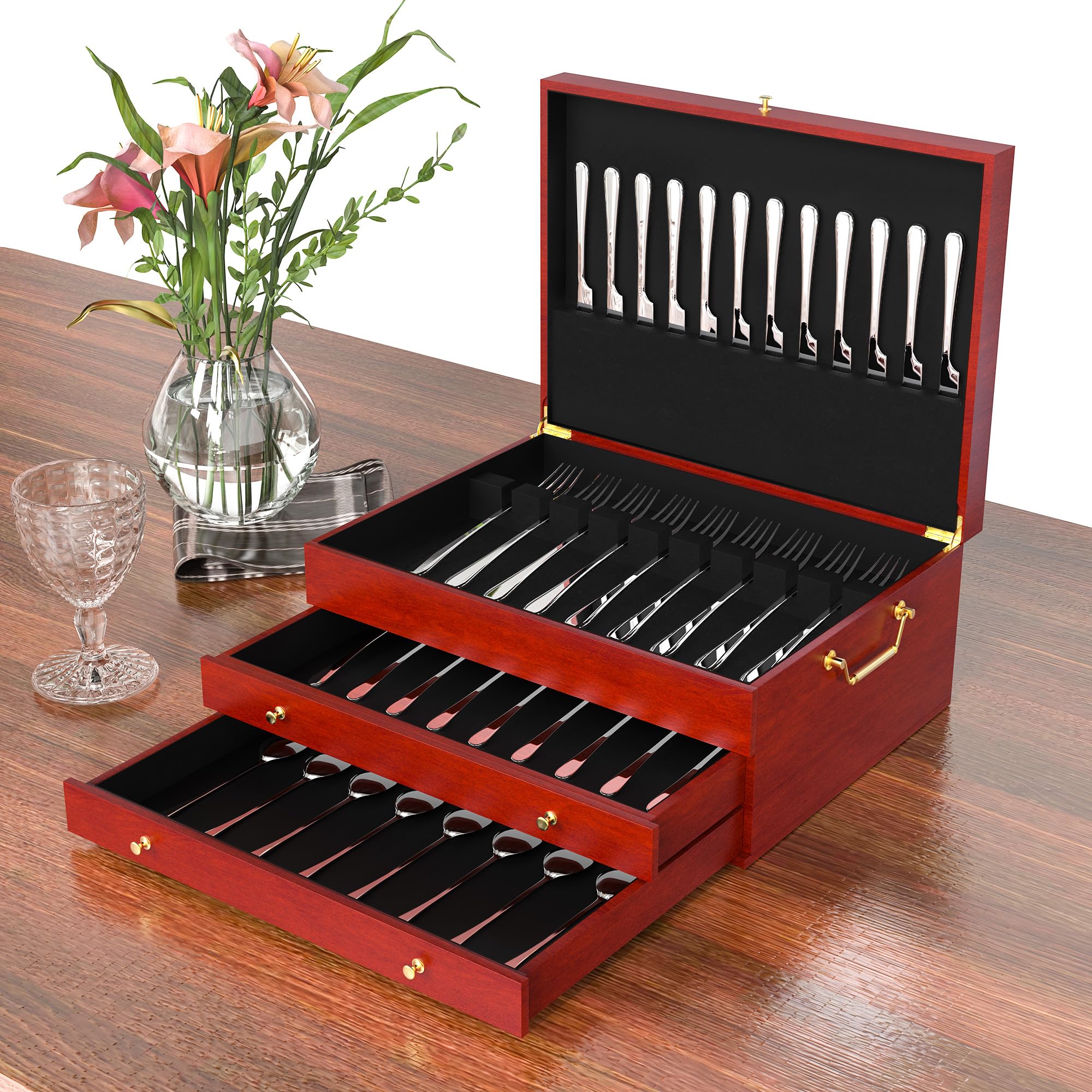 Besteck-Aufbewahrungsbox, 3-lagig, Holz, Bestecktruhe, 38,1 x 27,9 cm, Besteck-Aufbewahrungsbox mit Griff und Filzfutter, luxuriöses Dekor zur Aufbewahrung von Bestecksets aus Sterlingsilber für