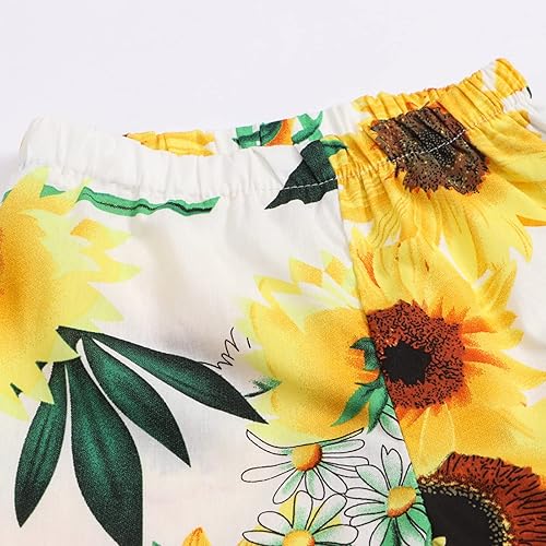 Toddler Girl Flare Pants Lightweight Fashionable Sunflower Prints Ruffle Pants Chic Designed Pull On Wide Leg(White,18 Months)