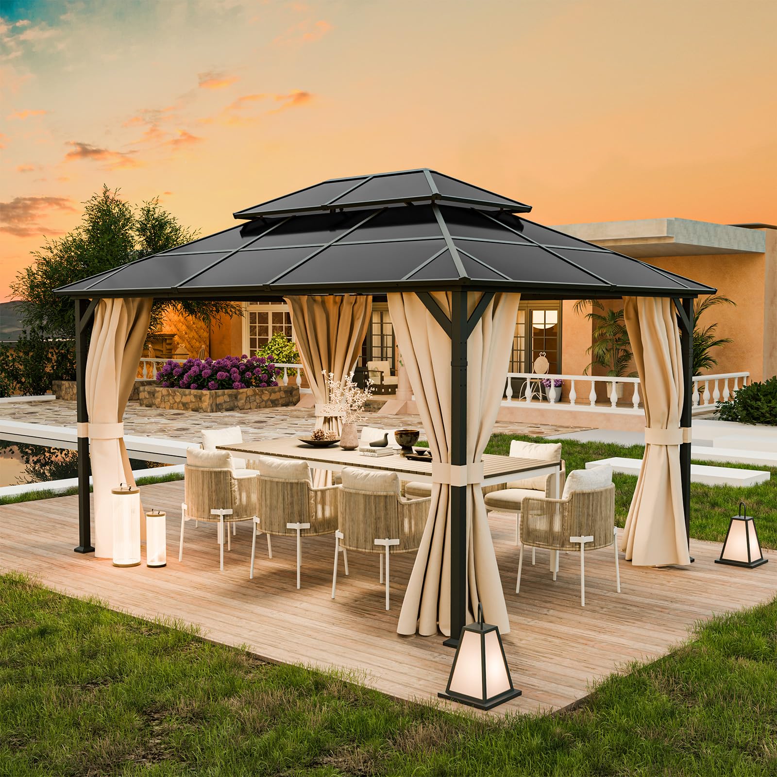 UDPATIO Double Toit Tonnelle de Jardin 3x4m Imperméable - UV Résistant avec Rideaux, Tonnelle Stabilisée pour Jardin, Terrasse (Beige)