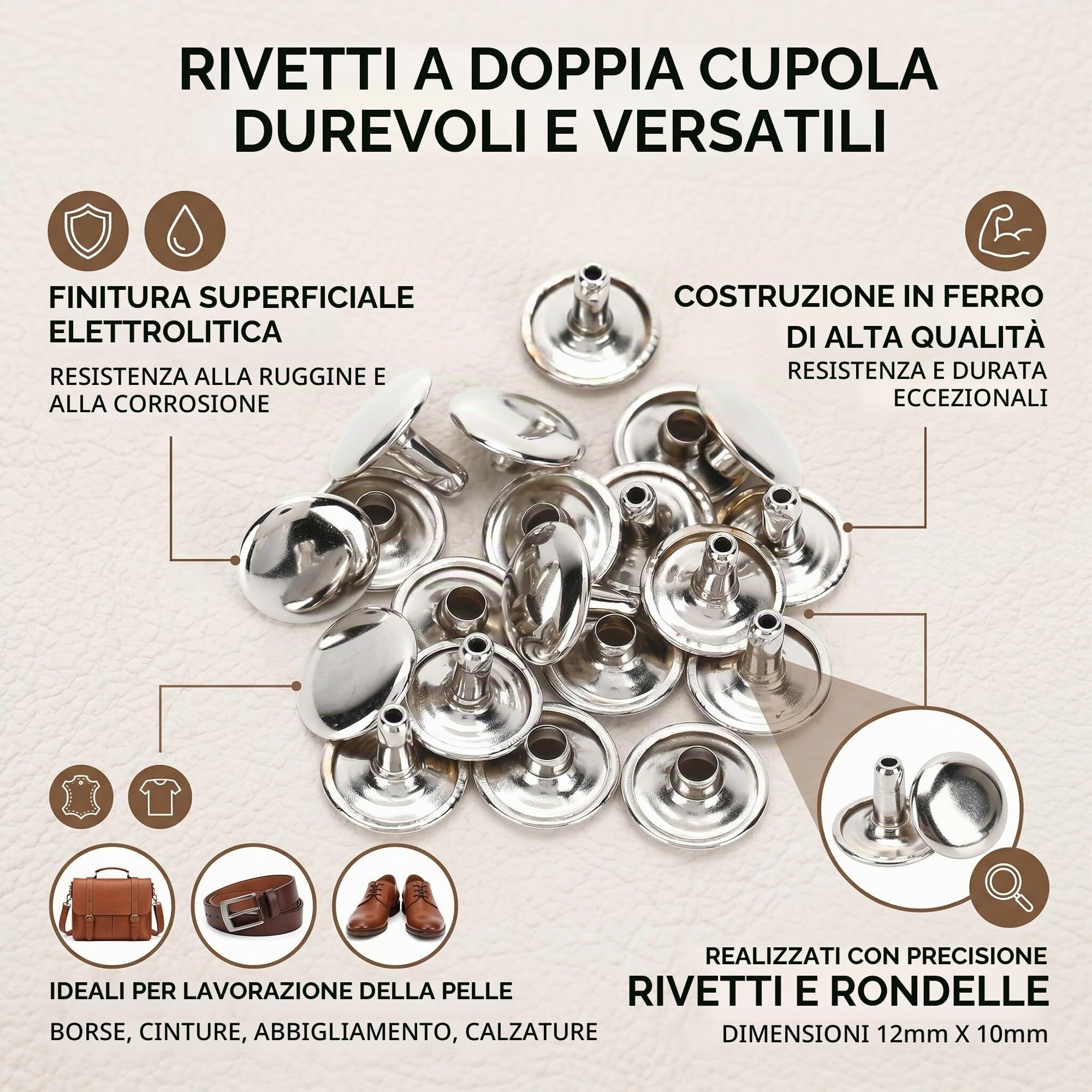 Set di 200 Rivetti Doppi in Metallo, 12x10mm, Argento, per Riparazioni in Pelle, Borse, Cinture, Scarpe, Cucito e Decorazione