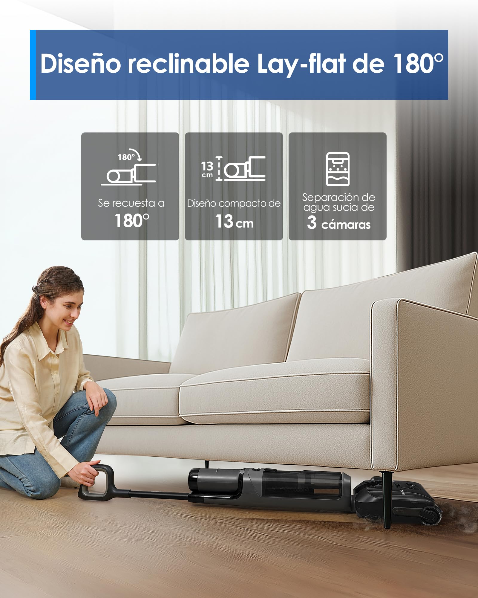 Tineco Floor One i6 Stretch - Aspiradora Seco/Húmedo, Aspira y Trapea, 20.000 Pa, 180°Lay-Flat, Autolimpieza, 40 min, Antienredos, Celda de Bolsa Mejorada, Ideal para Pelo de Mascotas