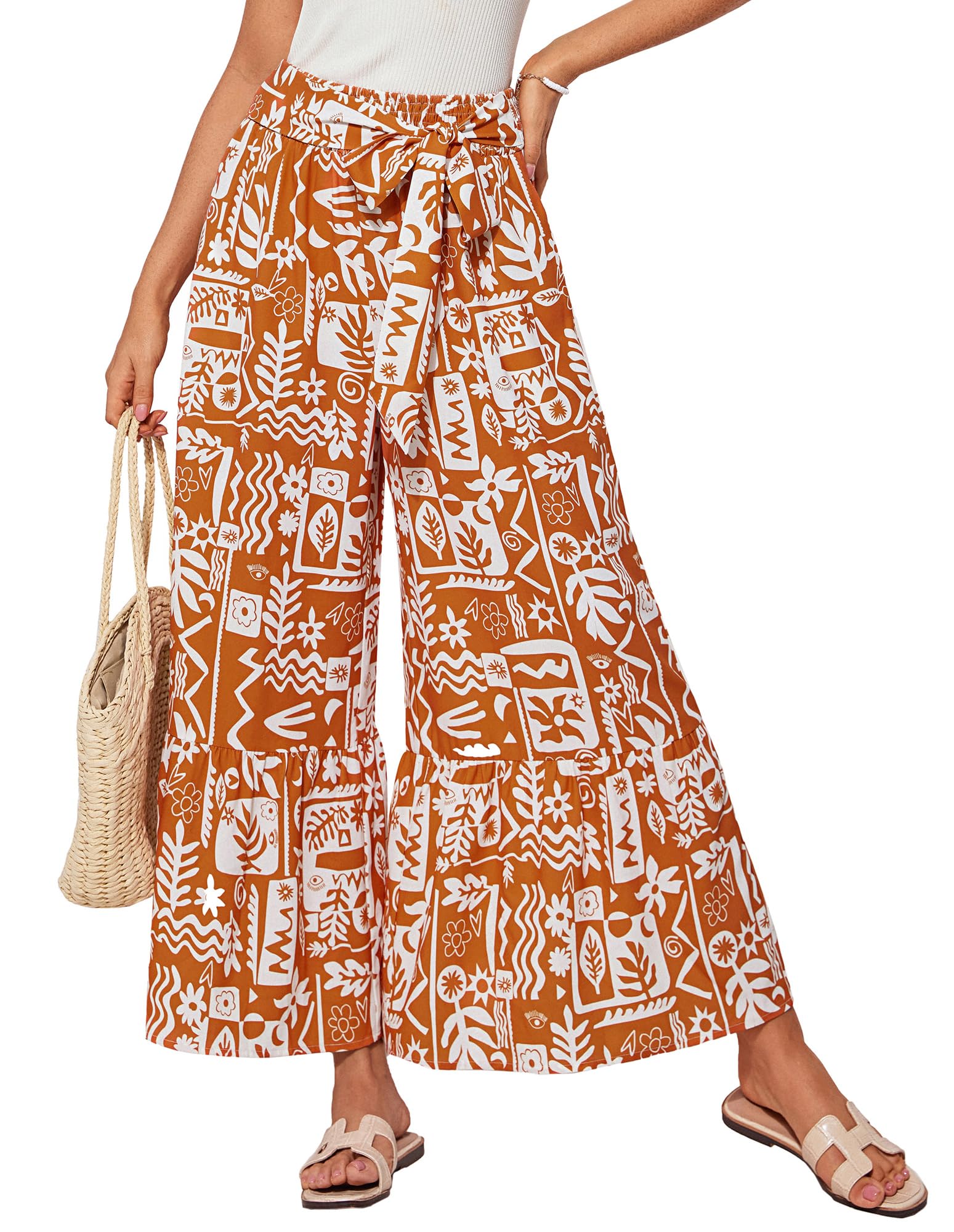 GRACE KARIN Women's 2025 Summer Wide Leg Palazzo Pants Elastic High Waisted Boho Casual Flowy Beach Pants with Pockets