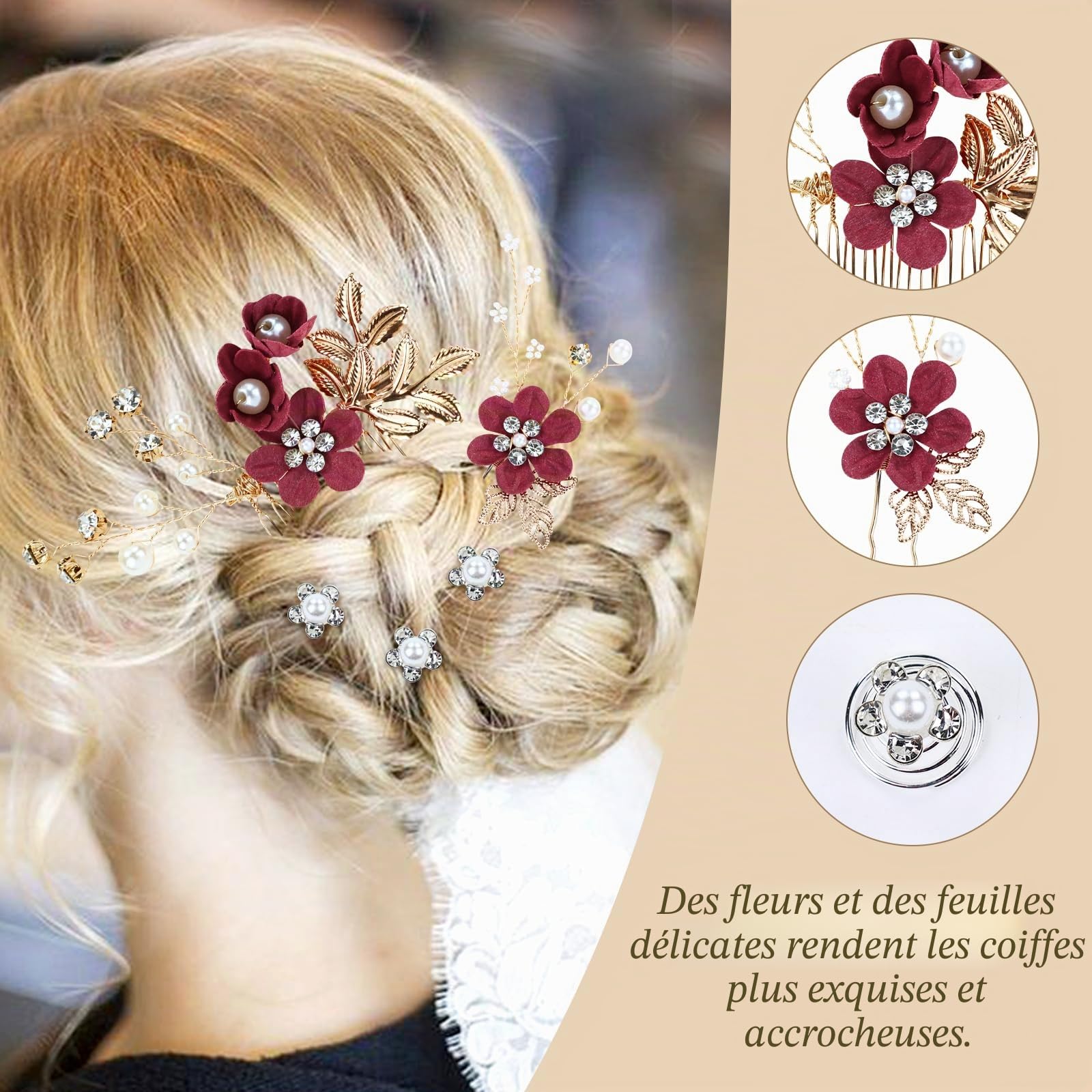 Cinaci Lot de 18 épingles à cheveux en fleur pour mariée, fête de mariage, bal de fin d'année, perles et strass bordeaux, torsion de fleurs, coiffe pour mariées et demoiselles d'honneur