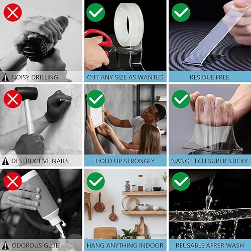Miniatura 5 de VVXX Cinta nano, cinta de doble cara, resistente, reutilizable, transparente, sin rastros, para decoración de pared de aula, apta para inquilinos,