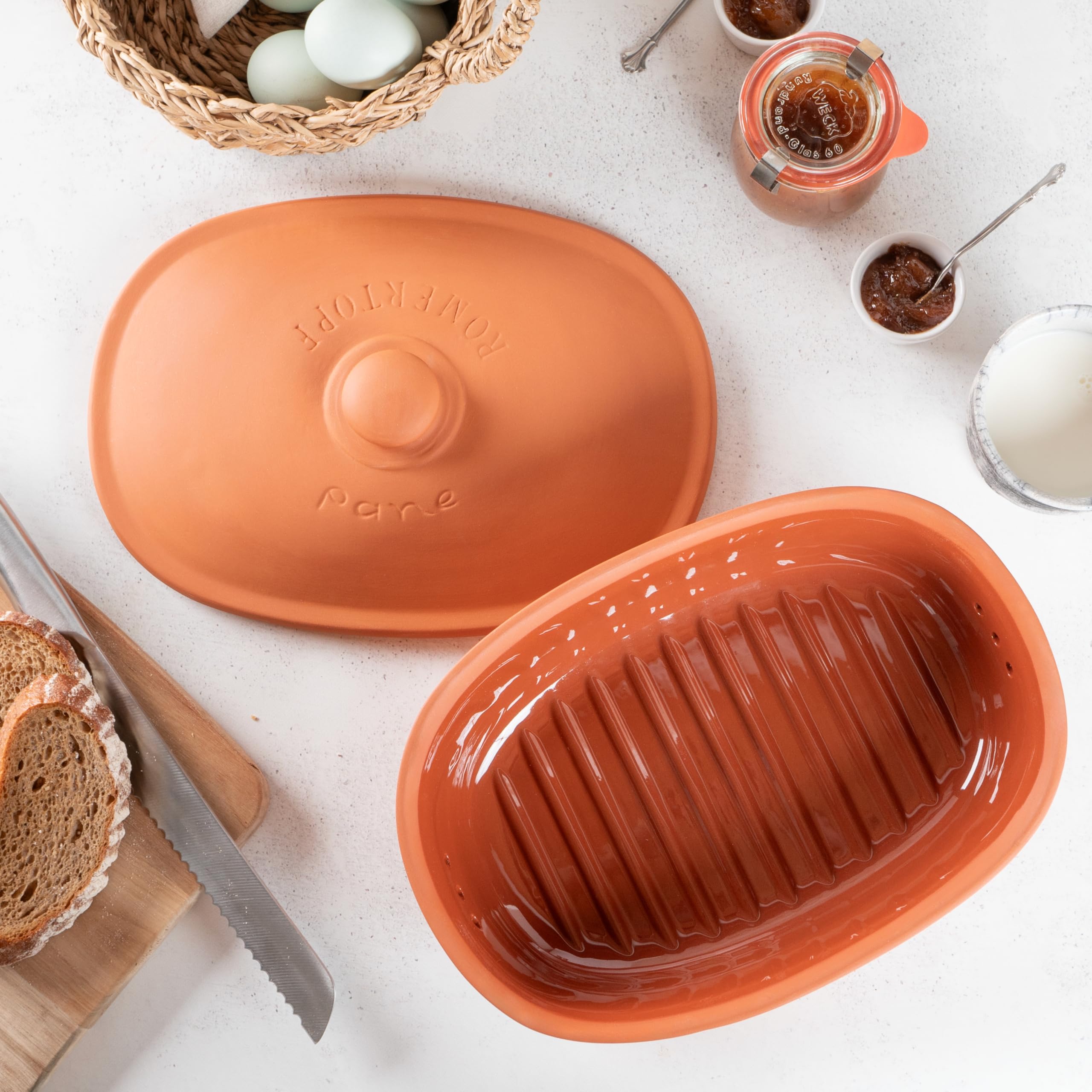 Römertopf Panera de barro cerámico, ideal para guardar pan y bollería de 30 x 21 cm, Terracota