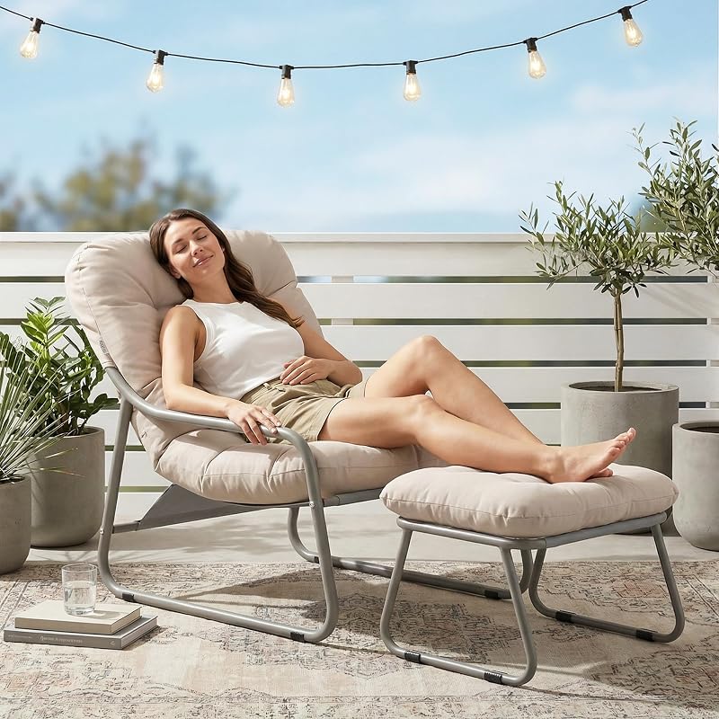 Outdoor Lounge Chair with Ottoman, Comfy Patio Lounge Chair with Reclined Back and Armrests, Heavy-Duty Reading Lounge Chair with Cushion for Porch Balcony Garden Backyard, Beige