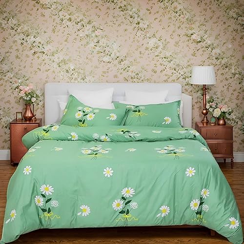 Miniatura 4 de Usfivefam Juego de funda de edredón floral verde individual, funda de edredón botánica de 3 piezas con patrón de margarita, microfibra suave y