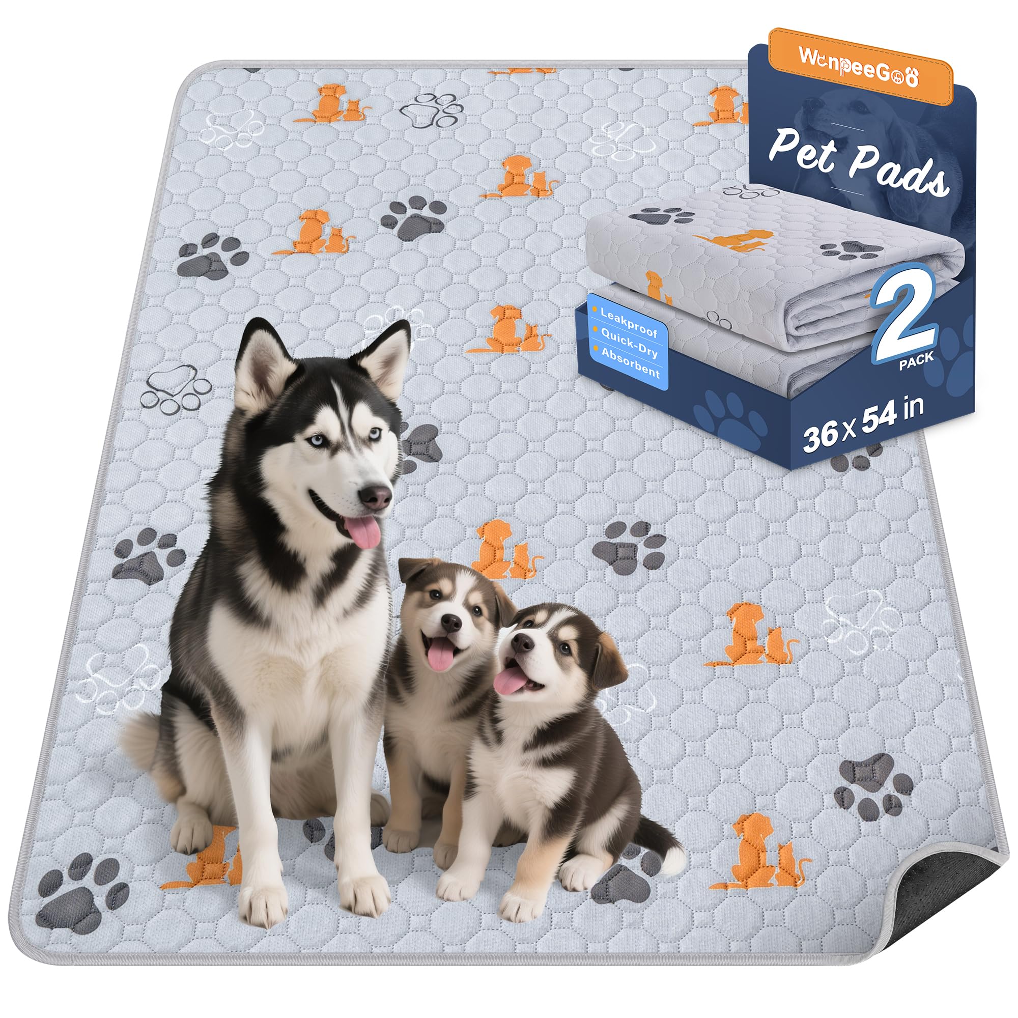 WanpeeGoo Washable Pee Pads for Dogs, 2 Pack Absorbent Reusable Training Dog Pads Pet Puppy Pads, Non-Slip Potty Pads for Whelping, Playpen, Crate, Bed, Orange, 36"x54" — image 1