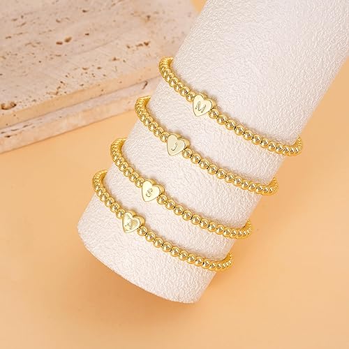 Miniatura 2 de Pulseras de oro para mujer, chapados en oro de 14 quilates, con cuentas de corazón con letras de corazón, pulsera elástica con iniciales doradas,