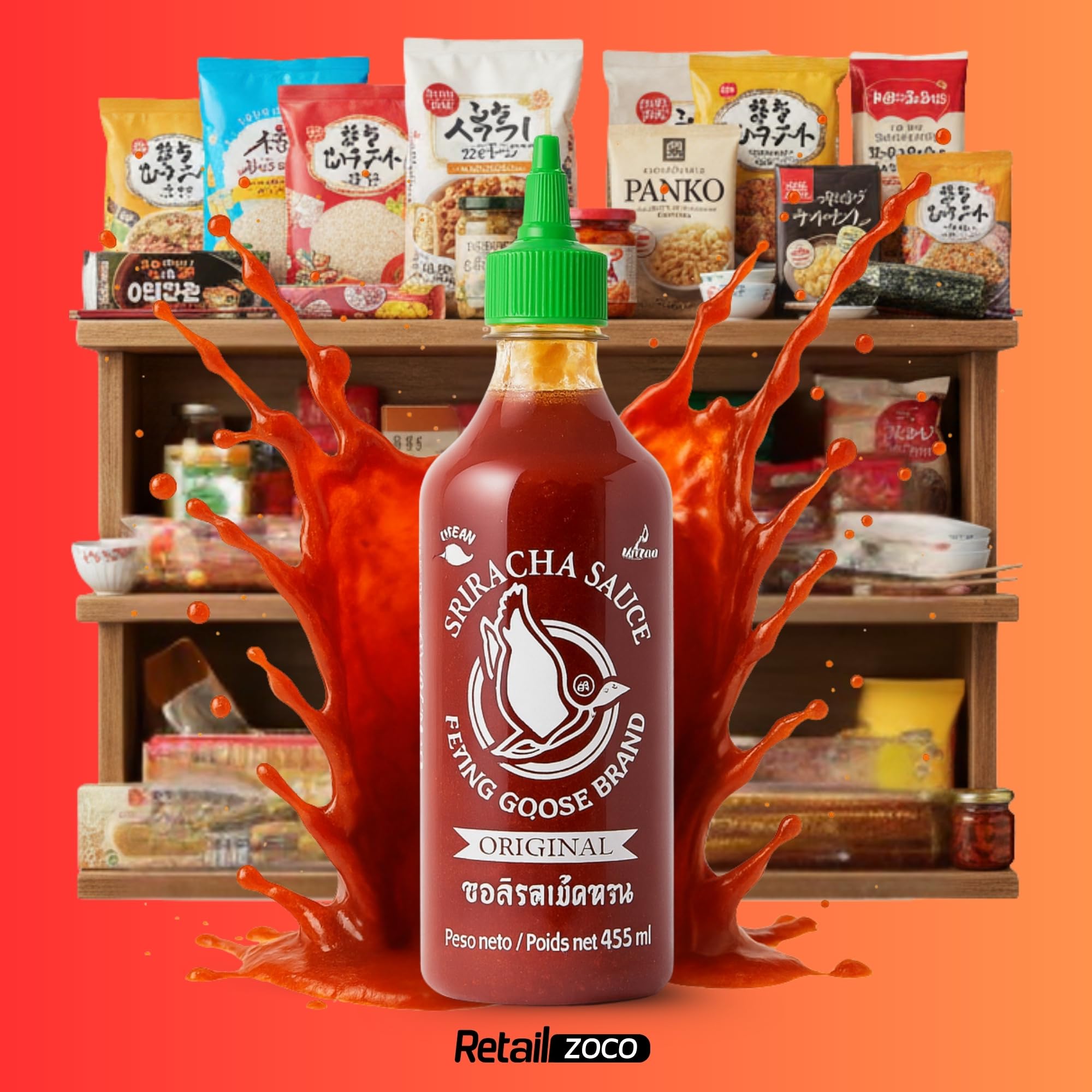 Salsa picante Sriracha, Salsa Chile Sriracha, Condimento con toque Picante, Flying Goose, Sin Gluten, Vegana, Halal, Ideal para cualquier comida, 455 ml