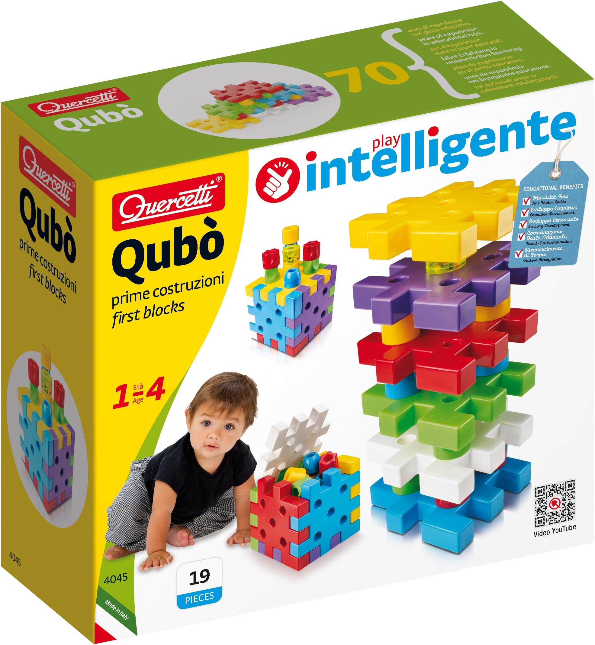 Quercetti Qubo First Building Blocks and Stacking Toy for Kids Ages 1-4 Years