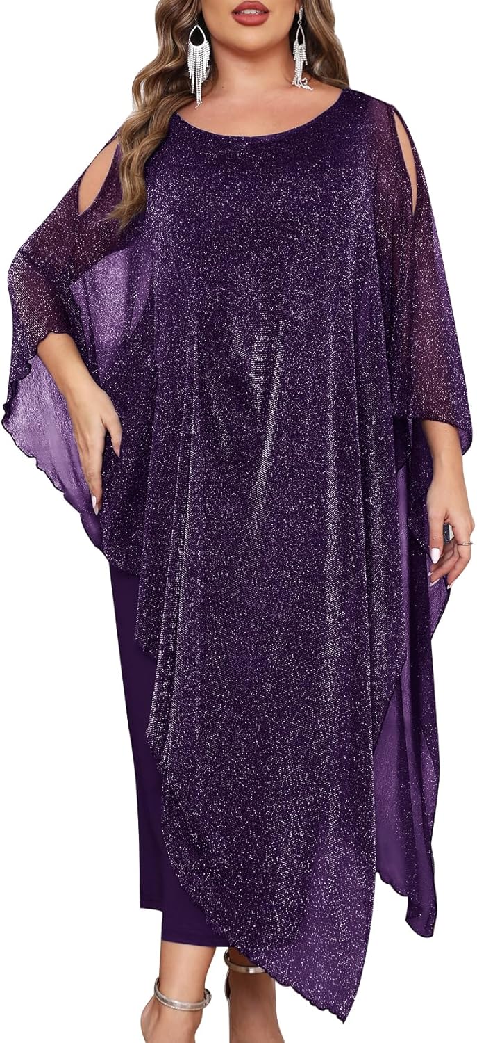 CYCLAMEN Plus Size Sparkly Formal Dress Maxi Long Cape Overlay Wedding Guest Cocktail Mother of Bride Outfit Evening Gown