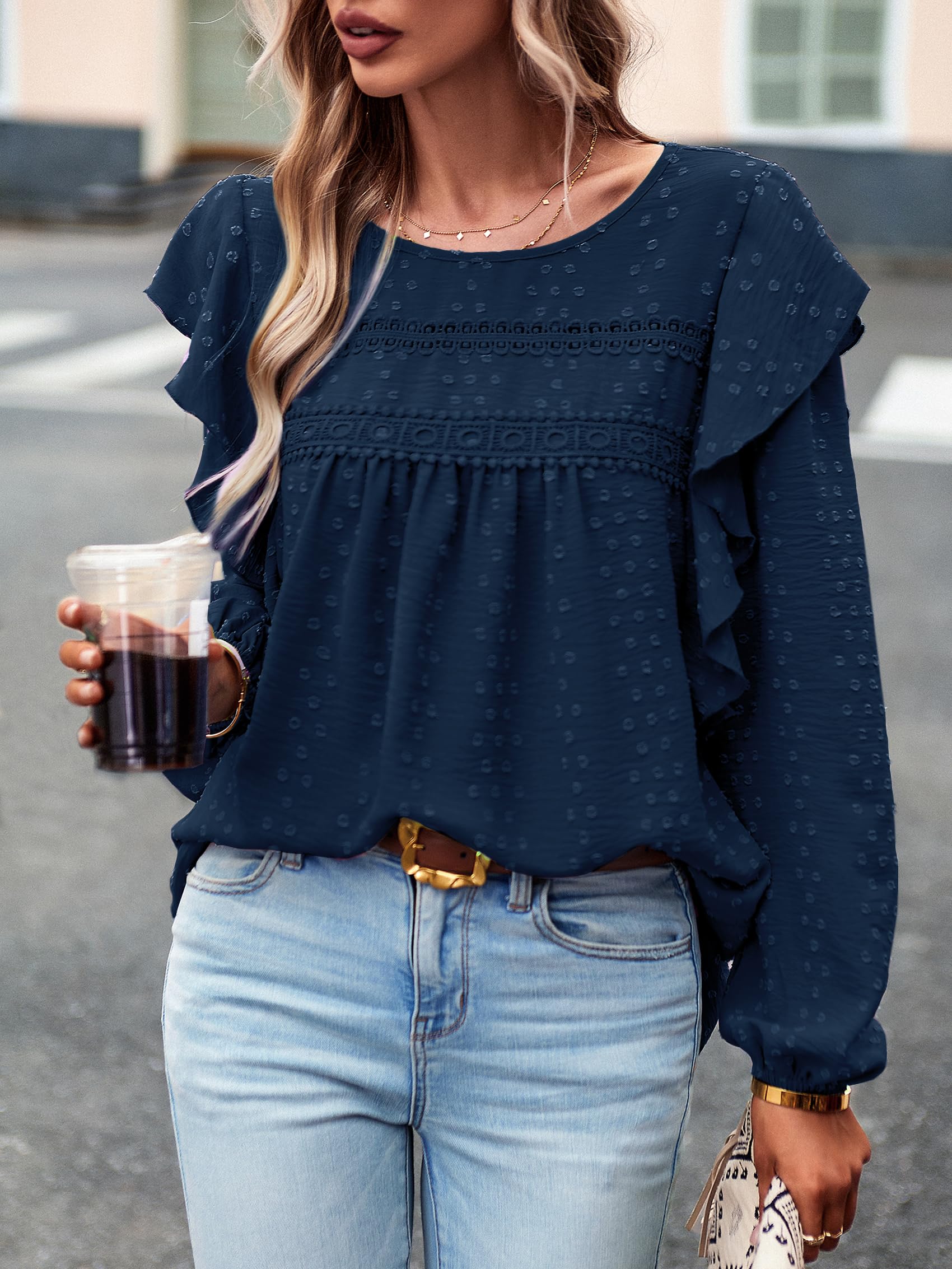 Blusas Túnicas para Mujer Elegante Mangas Volantes Swiss Dot Encaje Frente Plisado Streetwear Cuello Redondo Blusa Camisera