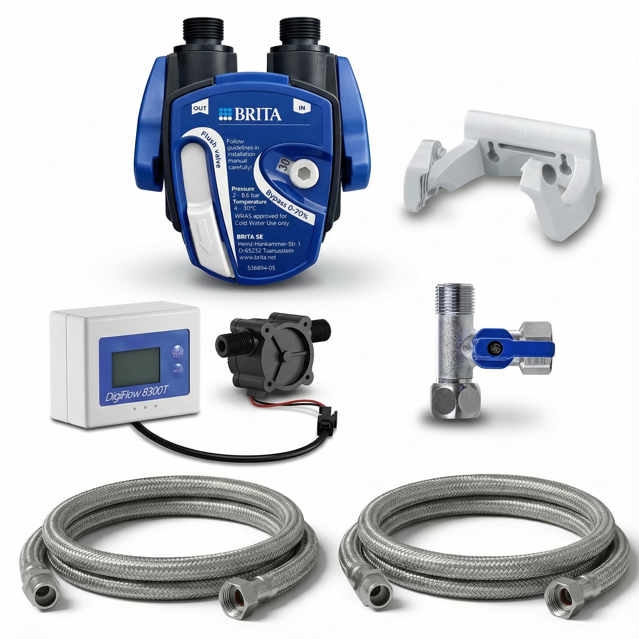 Neues Wasser Group | Untertisch-Wasserfilter: BRITA Filter-Kopf, BRITA Filter P1000, Filterwechselanzeige (Digiflow-Wasseruhr), Flexschlauch, Eckventil-Adapter