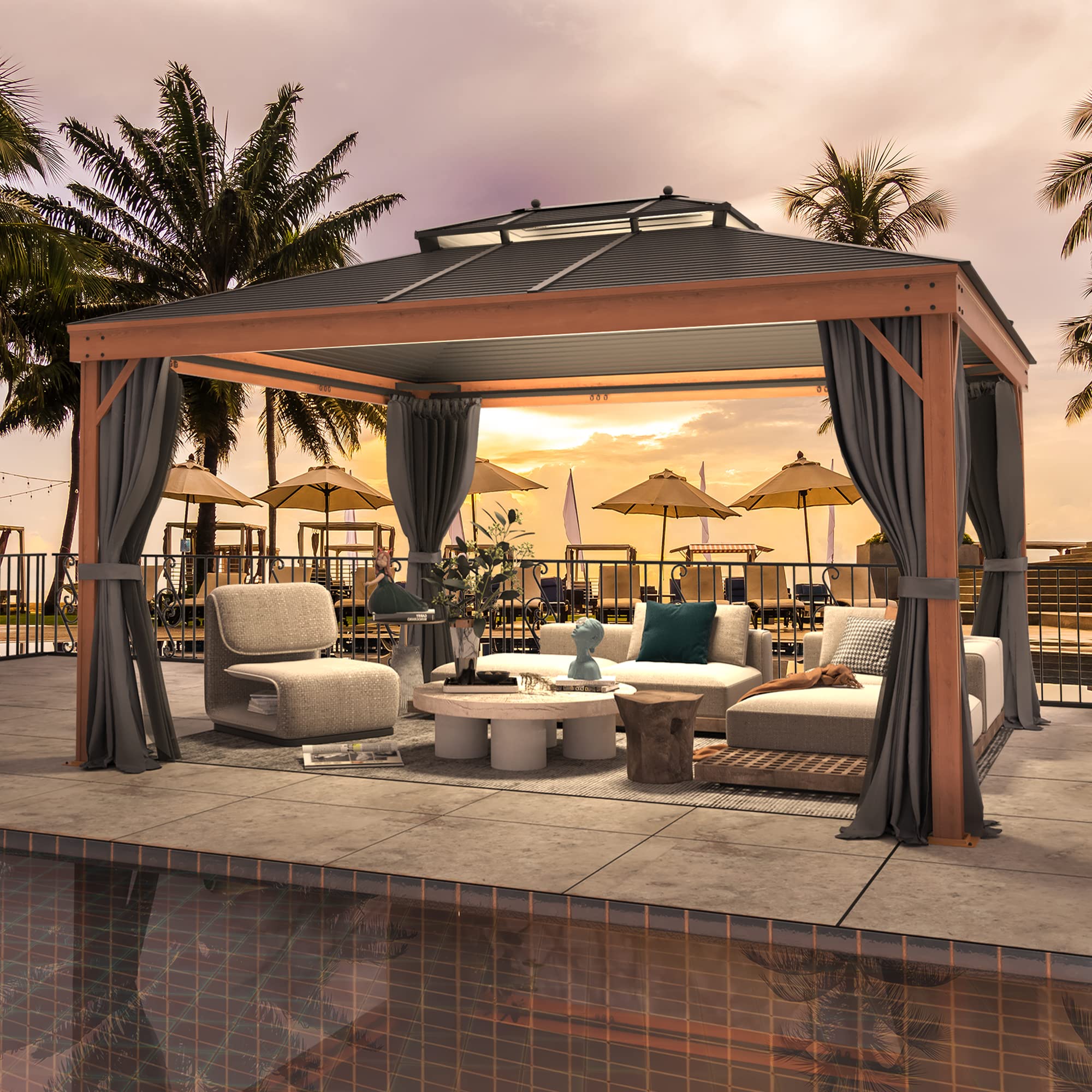 MELLCOM12'x14' Hardtop Gazebo, Wooden Finish Coated Aluminum Frame Gazebo with Galvanized Steel Double Roof, Metal Gazebo with Curtains and Nettings for Patios, Gardens, Lawns