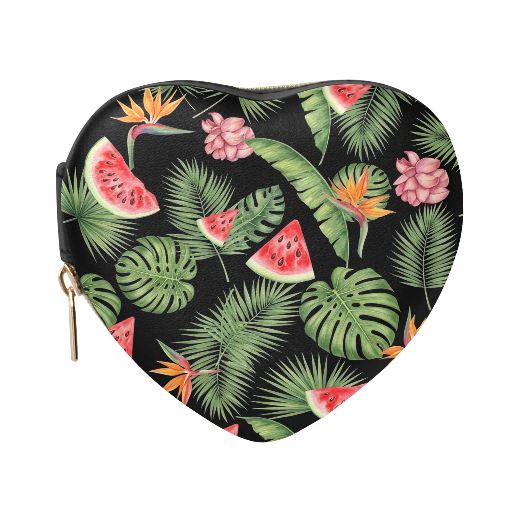 Fuauuyl Watermelon Palm Leaves Small Jewelry Box Heart-Shaped Jewelry Case, Portable Travel Organizer Bridesmaid Proposal Gift for Women Girls