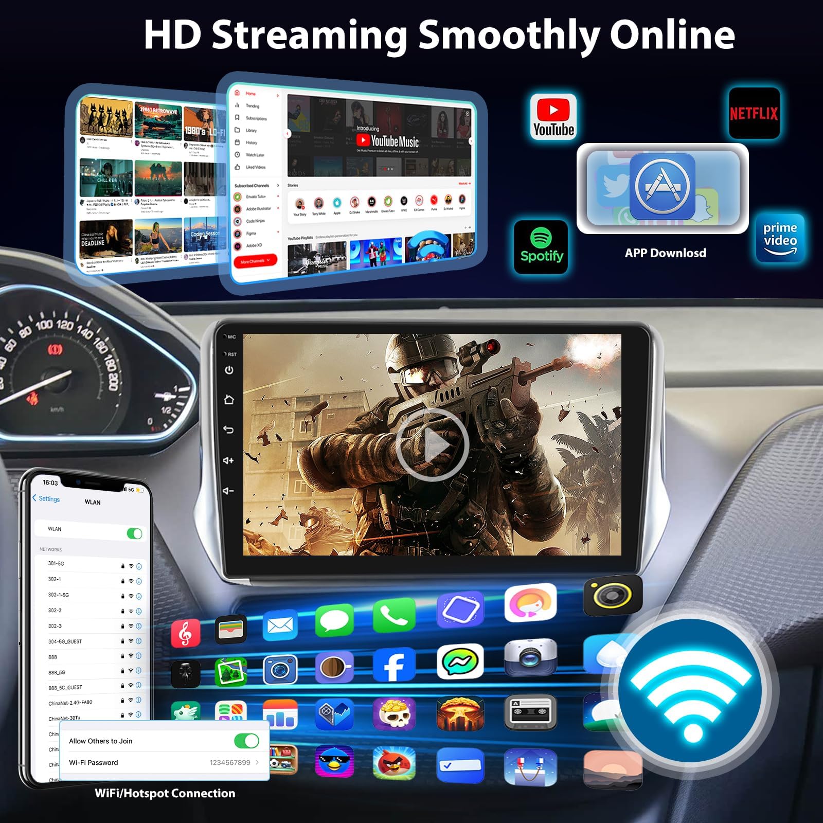 Autoradio Android 4+64G pour BMW Série 1 E81 E82 E87 E88 2004-2012, Écran Tactile 9 Pouces 2.5D 1280×720, CarPlay et Android Auto sans Fil, GPS WiFi Bluetooth, Son AI DSP + Caméra de recul AHD