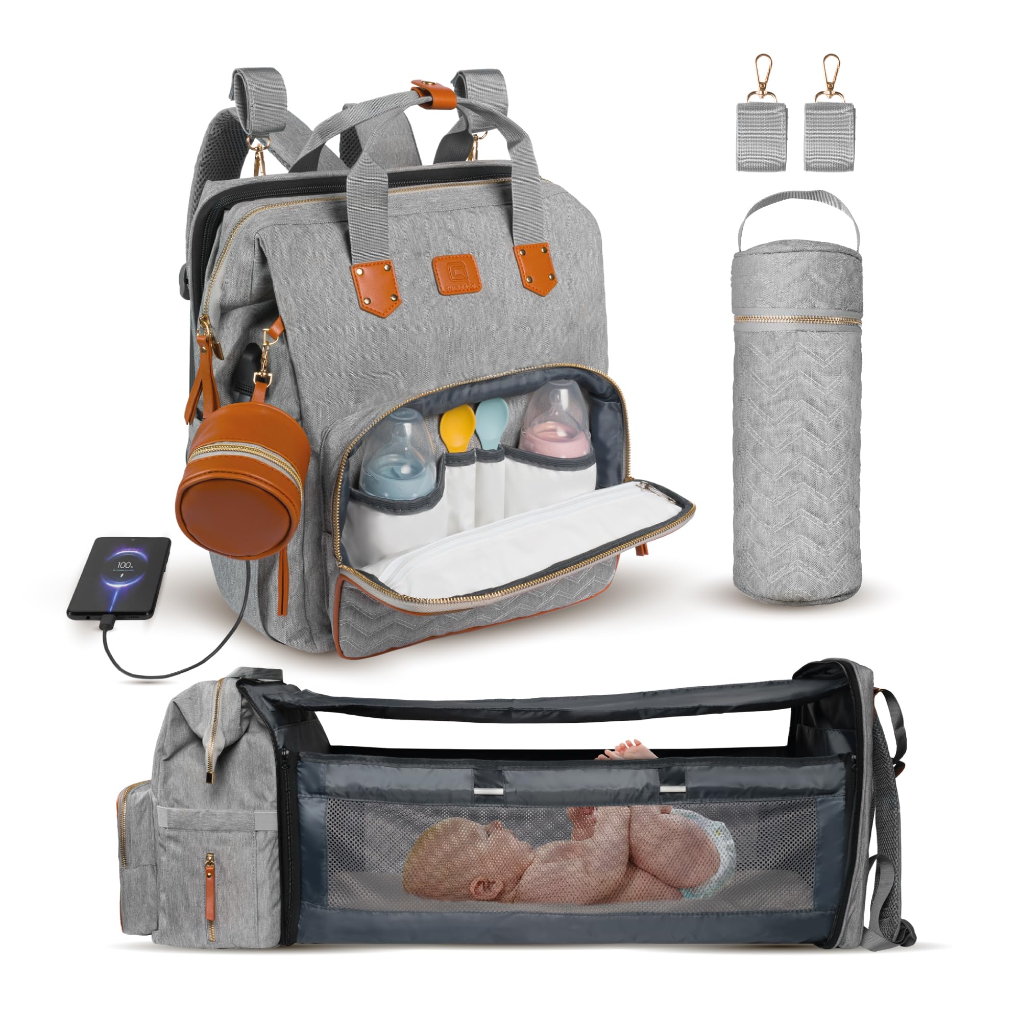 Bolso para Carrito de Bebé Mochila de Pañales con Cuna Extensible QUINO&CO. para Mujer y Hombre (Unisex) con Ganchos Carro, Funda para Biberones, Chupetero, USB | Regalo Bebes Recien Nacidos