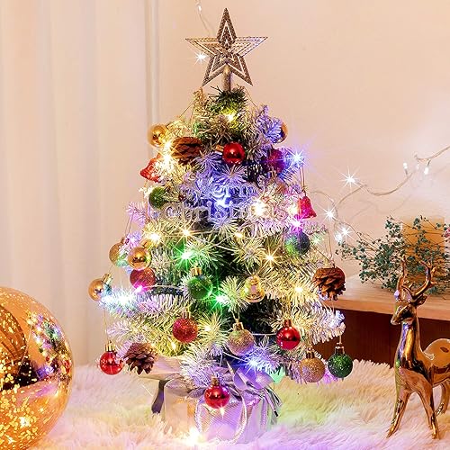Miniatura 1 de XmasExp Juego de mini árbol de Navidad de mesa de 20 pulgadas con luz LED, árbol de estrellas, bolas de adornos, campanas y piñas, las mejores