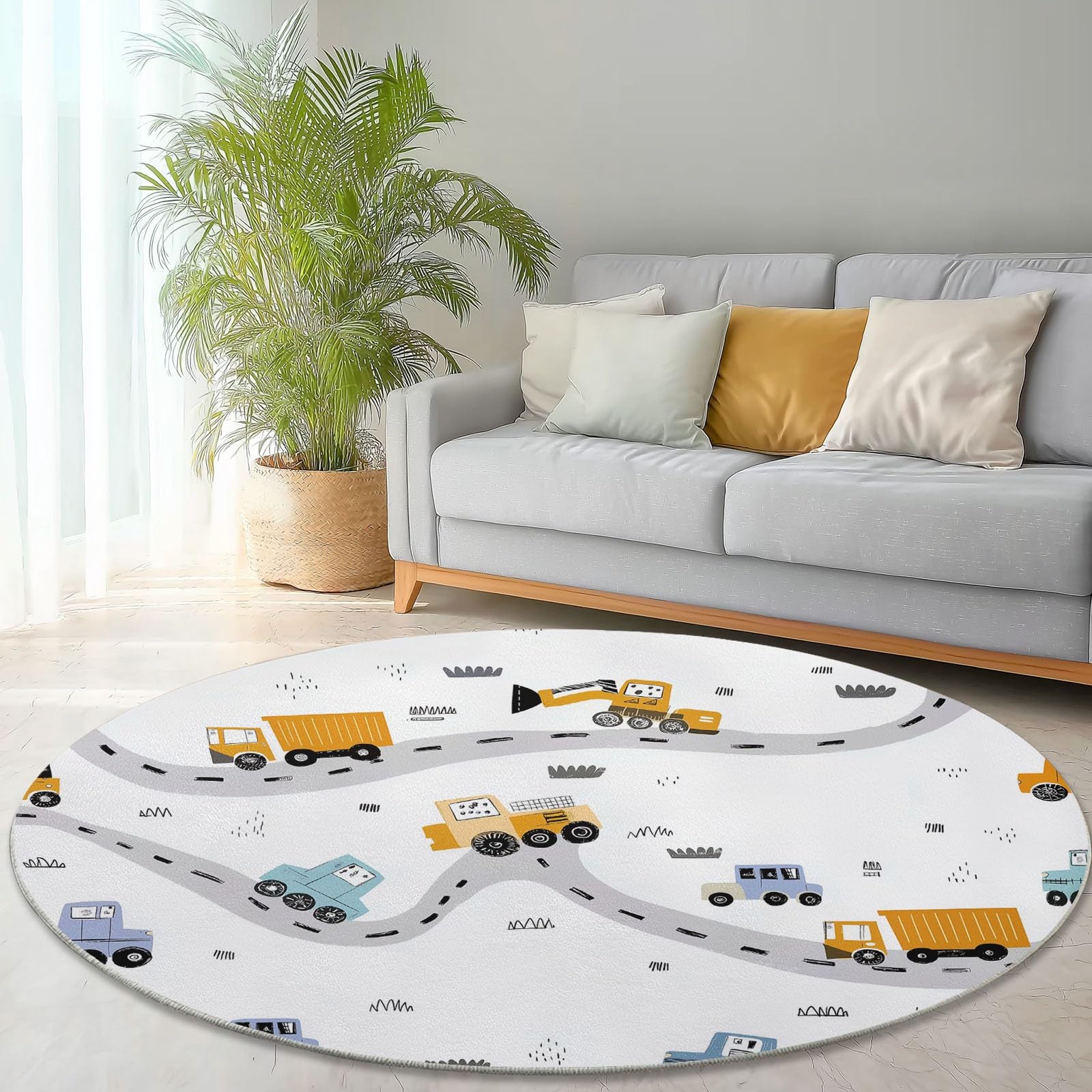 Tappeto Rotondo per Soggiorno 150cm, Morbido Antiscivolo Fumetto Stile Flanella Tappeto Carino Trasporti Veicolo Da Costruzione Tappeti Stampato per Bambini Cameretta Cucina Color
