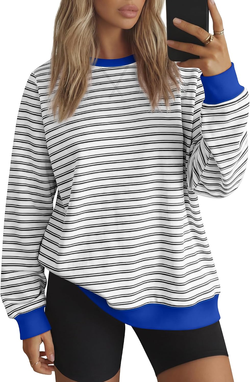 Xaatren Women's Oversized Striped Sweatshirt Fleece Long Sleeve Color Block Crew Neck Shirt Loose Soft Casual Pullover Top